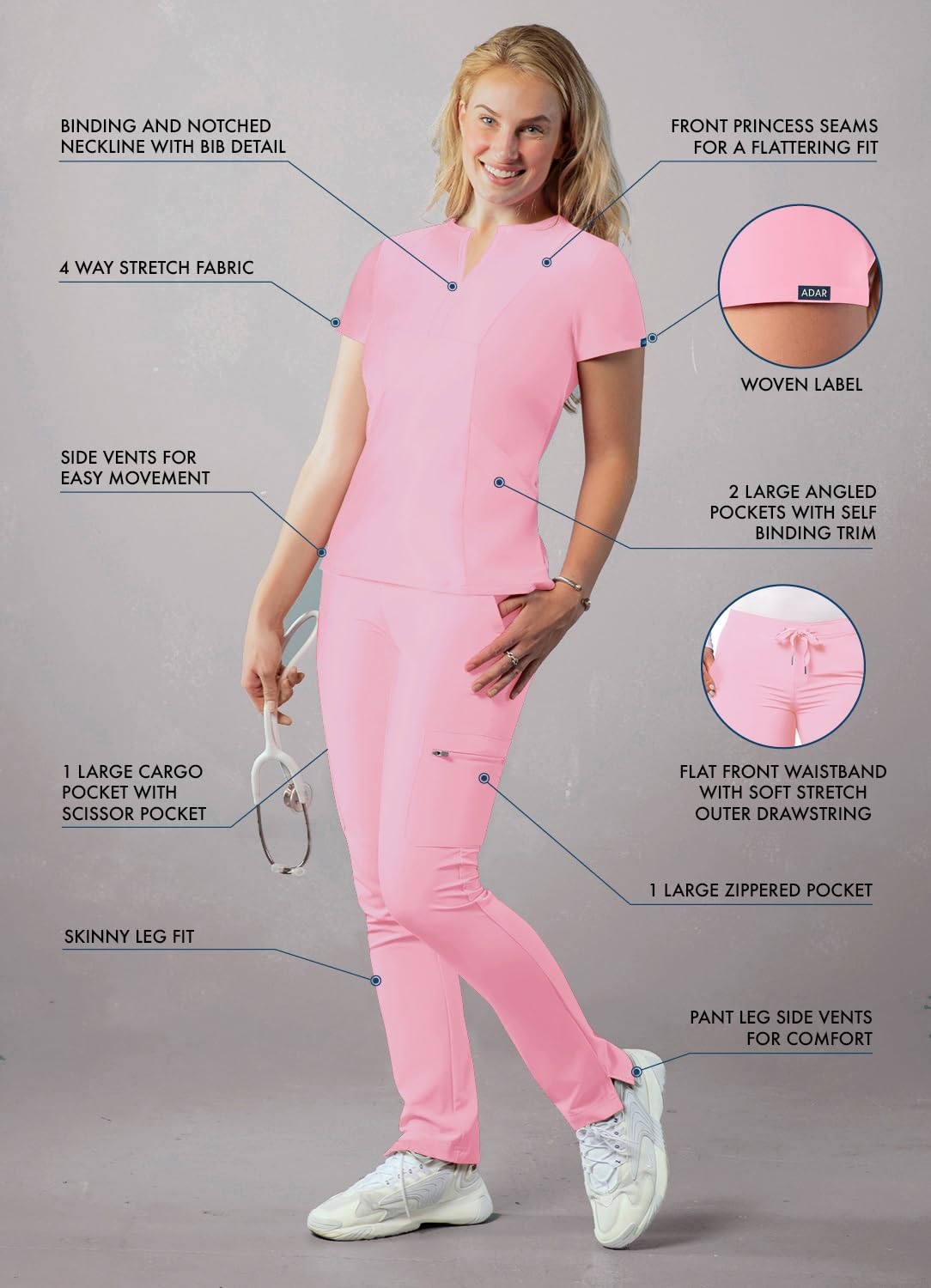 Adar Uniforme médico para mujer Top con babero frontal pantalones cargo skinny
