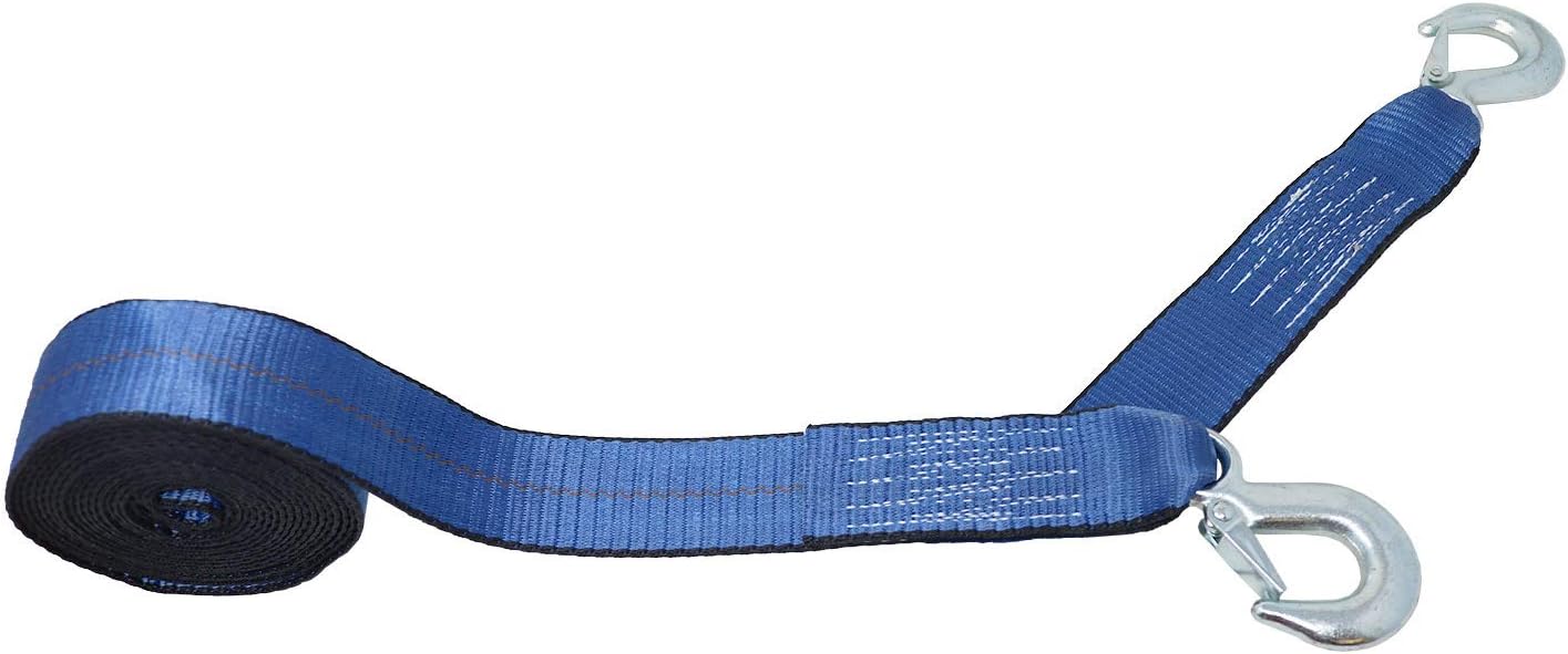 CustomTieDowns 2 Inch x 20 Foot Replacement Winch Strap, Tow Strap, 2 Forged Hooks, 1 Inch Long Loop Opening On The Opposite End. Breaking Strength: 10000 lb (Blue)