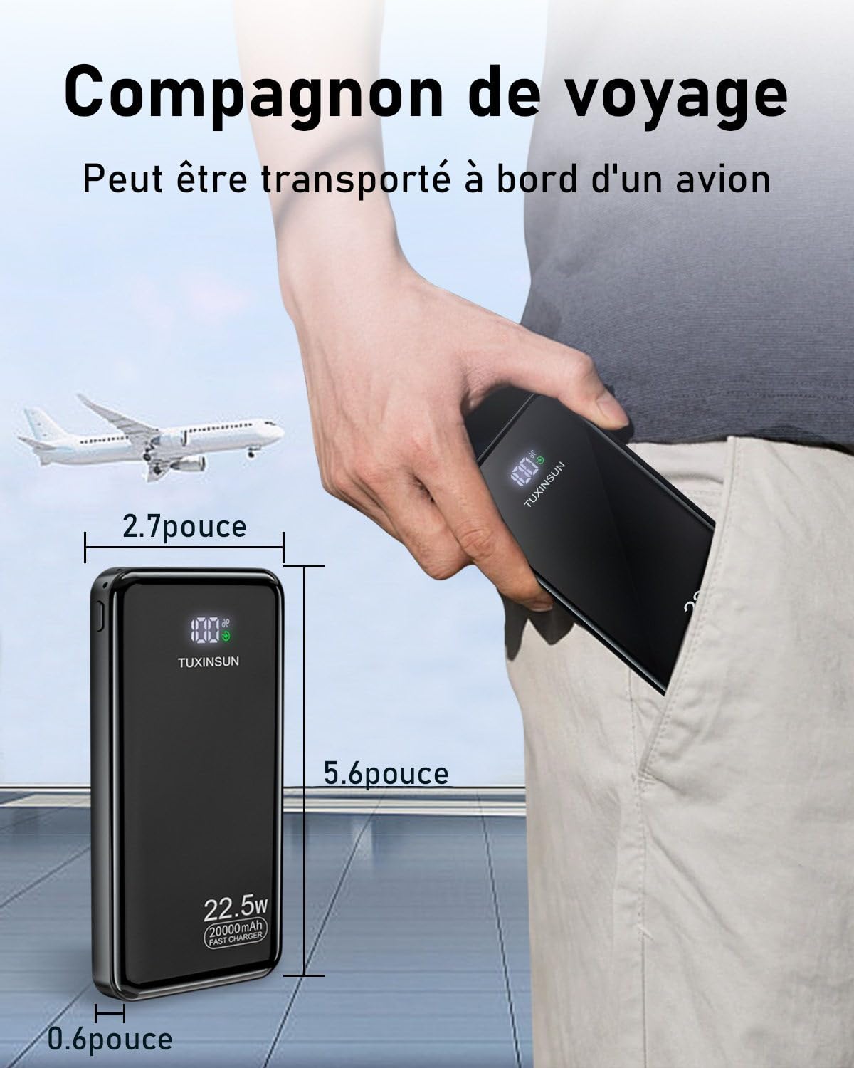 Power Bank 20000 mAh 22,5 W Banque de puissance à charge rapide PD3.0 QC4.0 Batterie externe de téléphone portable avec écran LCD Sorties et entrées USB C Chargeur portable pour smartphones Smartwatch