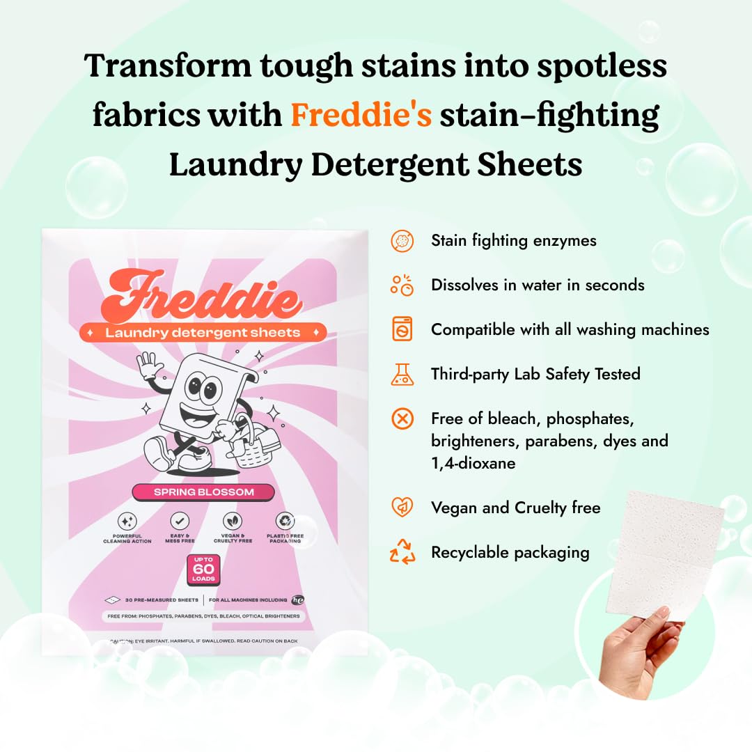 Freddie Hojas de detergente para ropa, aroma a flor de primavera, 60 cargas (30 hojas), tiras concentradas ecológicas sin líquido