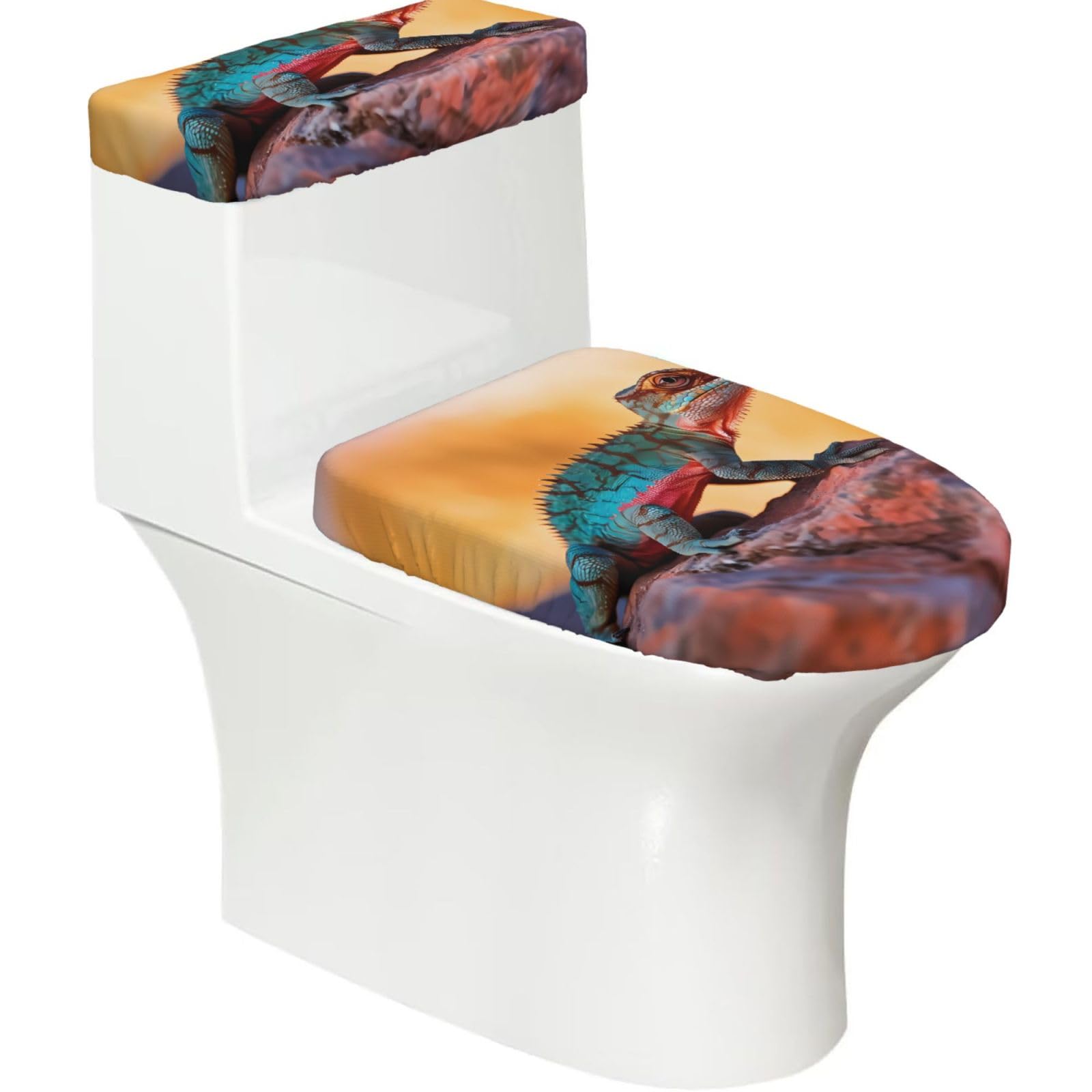 Mrowyc Black Lizards 2-Piece Toilet Seat & Tank Lid Cover Set - Elastic Stretch Design - Universal Fit For U-Shape-O-Shape-Elongated Toilets - Functional Bathroom Decor & Housewarming Gift