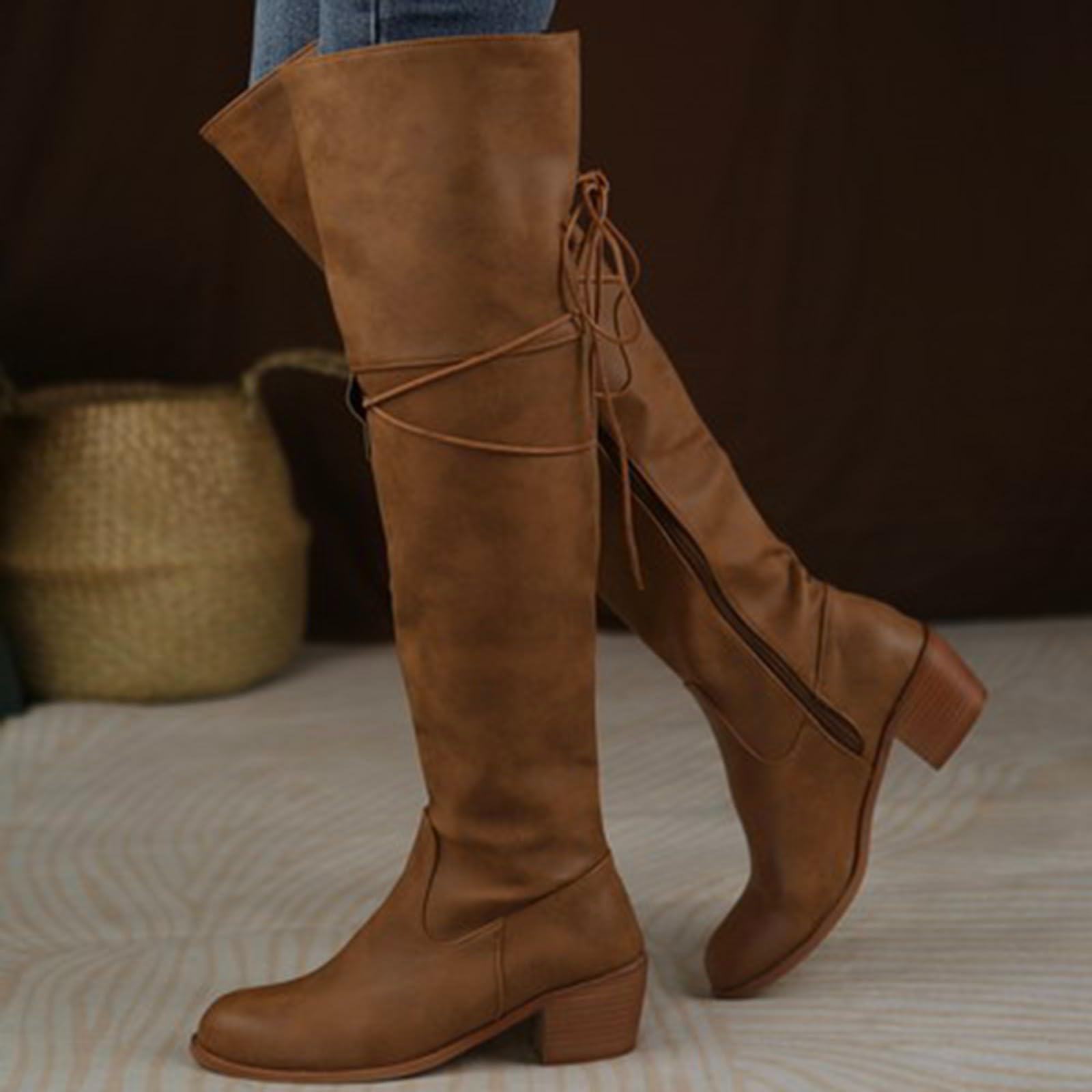 Botas Altas Mujer Invierno Botas Cowboy Mujer Cordones Cierre De Cremallera Lateral Moda Retro Antideslizantes Comodas Bota Tacones Medios-Bajos Clásicas Sólido Por Encima La Rodilla Casual Bota
