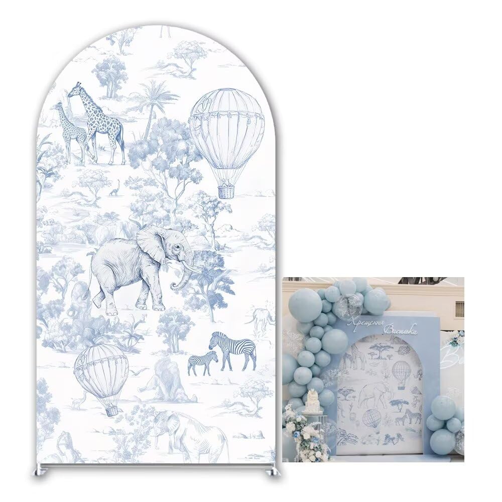 KONPON Blue Toile de Jouy Arched Backdrop Cover Safari Jungle Theme Arch Stand Fabric Cover for Wild One Birthday Travel Adventure Party Decoration (