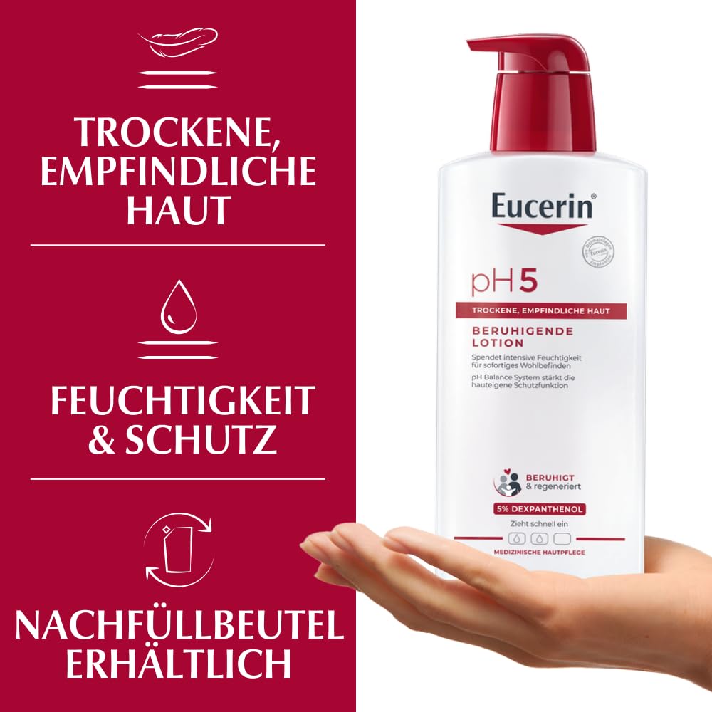 Eucerin pH5 Beruhigende Lotion 400 ml, Körpercreme mit Dexpanthenol und Glycerin spendet langanhaltend Feuchtigkeit, intensive und leicht parfümierte Hautpflege für strapazierte und empfindliche Haut