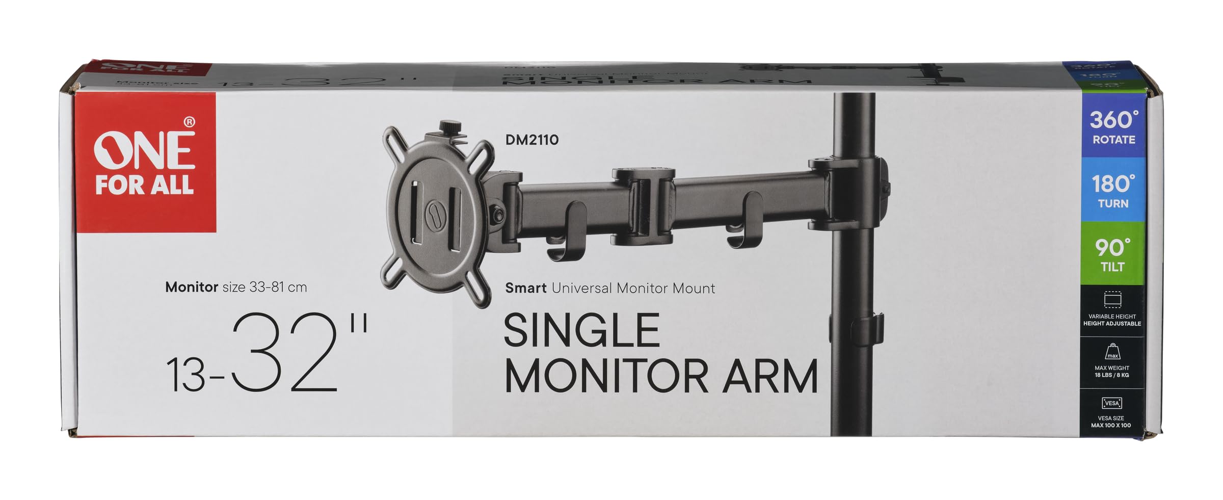 Bras de Moniteur Universel One for All - 13 à 32 Pouces - VESA 75/100 mm - Réglage de la Hauteur - Inclinaison (90°), Pivotement (180°) et Rotation (360°) - 8 kg par écran - Noir (DM2110)