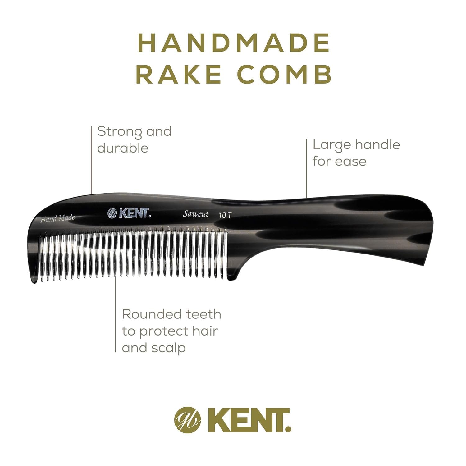 Kent Peigne à dents larges en graphite et écaille de tortue 10T - Peigne démêlant pour cheveux bouclés - Peigne à barbe/peigne démêlant pour homme