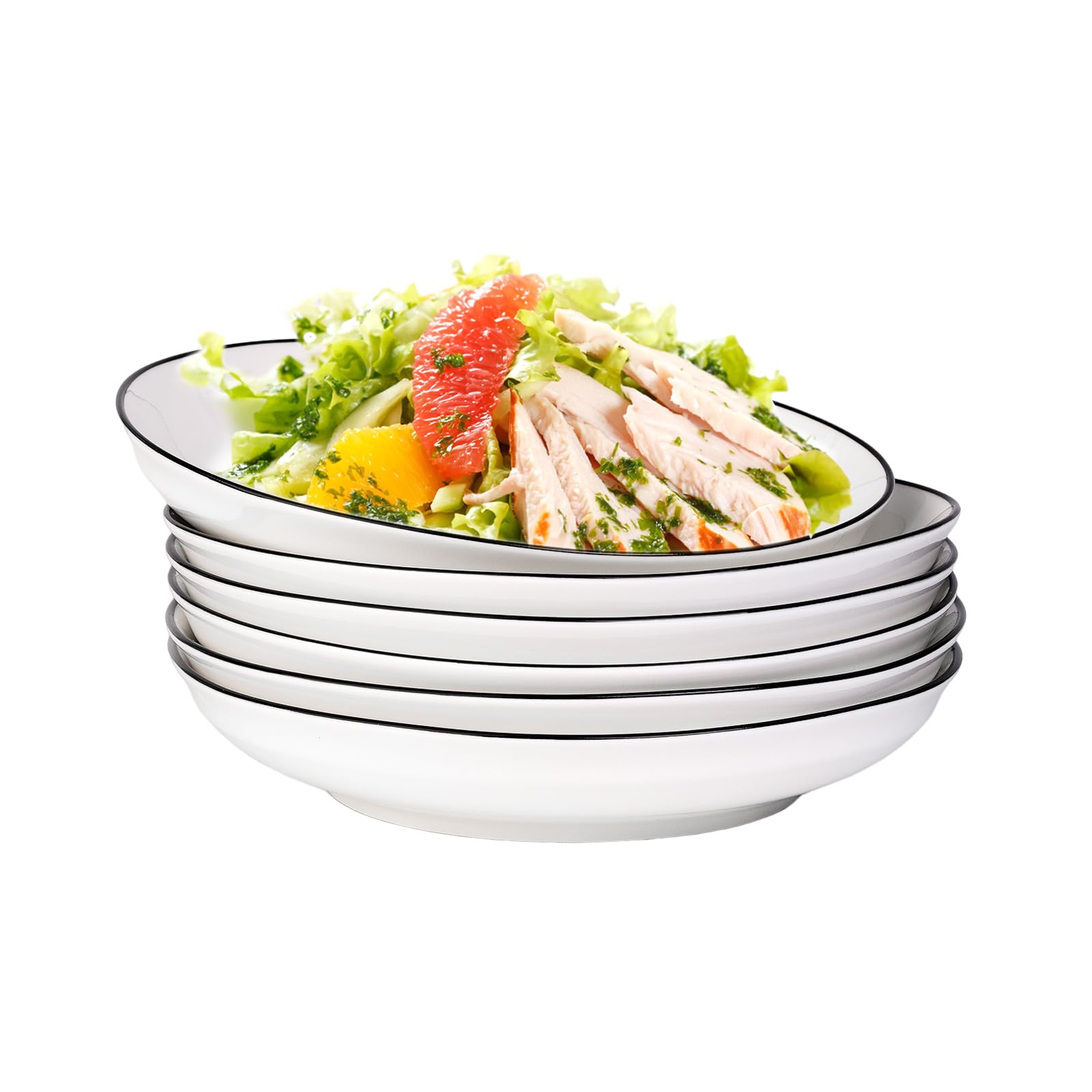 YOLIFE20 cm Shallow Pasta Bowls, 560 ml White Black Trim Salad Bowls Set of 6, Porcelain Plates Serving for Dinner