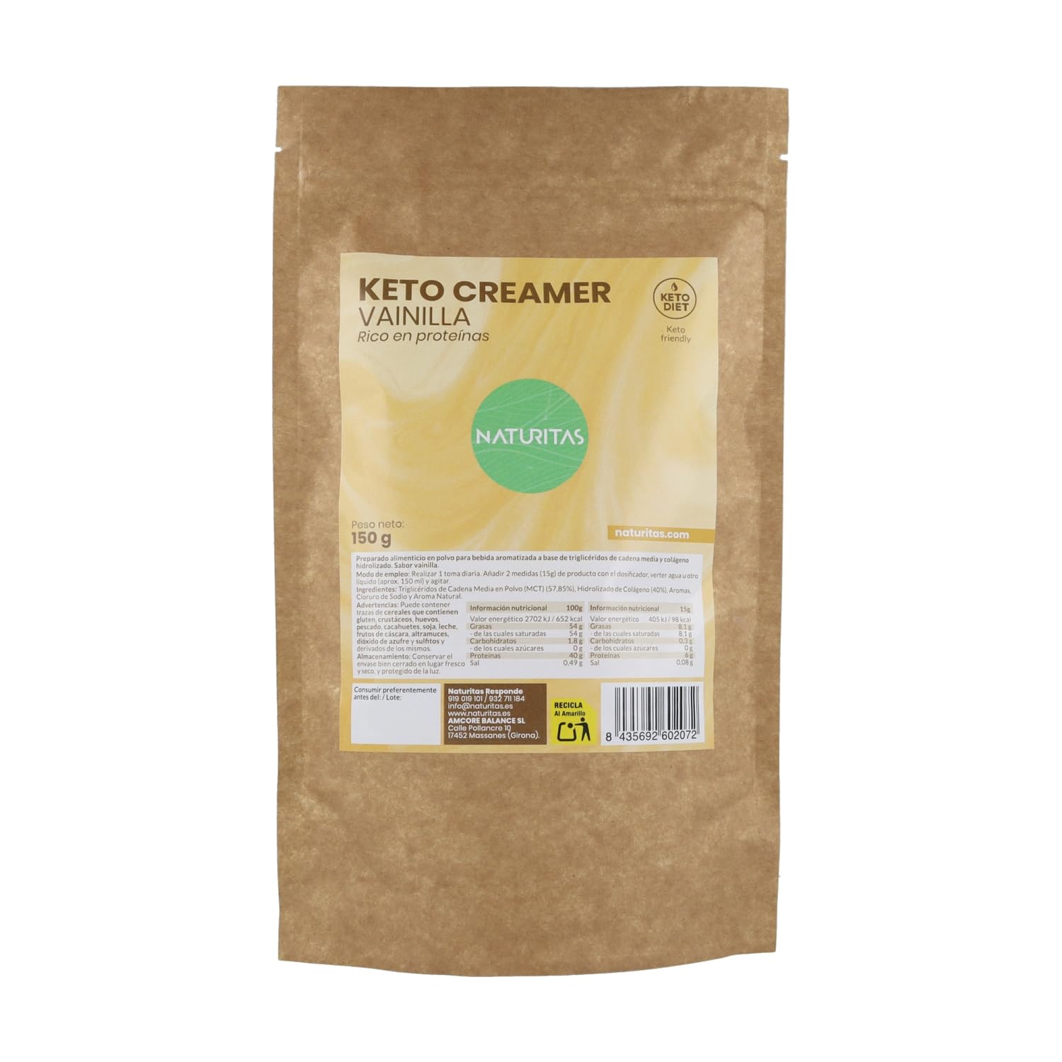 Keto creamer vainilla con aceite MCT | 150 g | Naturitas Essentials | Con aceite MCT C8 y C10 | Apto keto y sin azúcar | Aceites y Condimentos