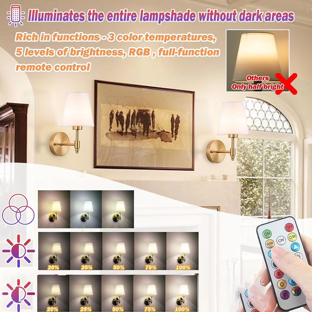 Akku Wandleuchte Innen Stoffschirm Wandlampe mit Fernbedienung Ohne Stromanschluss Wandleuchten Dimmbare Leinen Lampenschirm Nachttischlampe Batterie USB Aufladbare 2 Stück Leselampe Wand LED RGB
