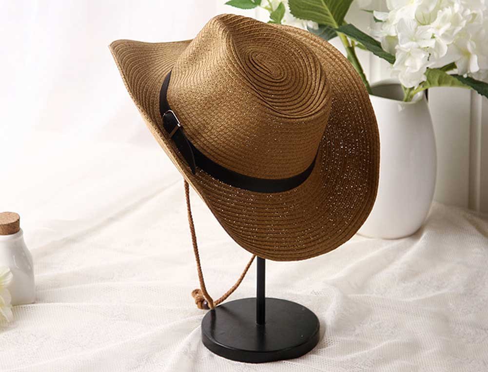 Homme Chapeau de Cowboy Paille Large Bord Panama Pliable Chapeau de Plage Soleil UPF50+ Casquette Visière Protection Solaire Hat Fedora Trilby avec Sangle Menton pour Printemps Eté