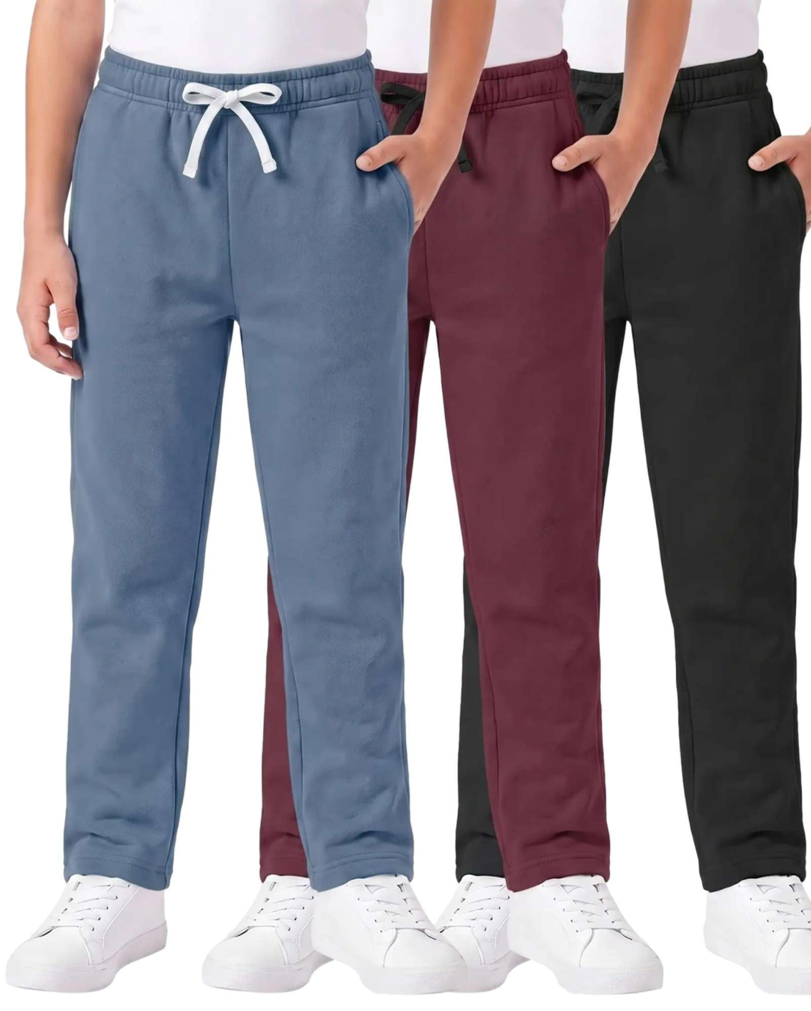 3 Pack Boys' Fleece Sweatpants Open Bottom Athletic Pockets Kids Teen