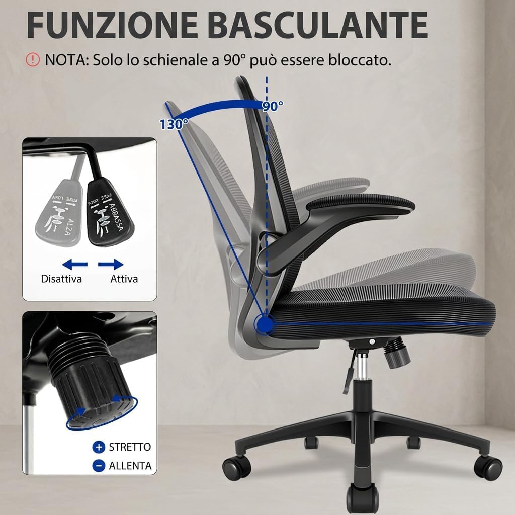 Sedia Ufficio Ergonomica, Sedia da Scrivania e PC Girevole con Supporto Lombare Regolabile, Schienale in Rete, Braccioli Ribaltabili, Altezza Regolabile, Basculante, Nero