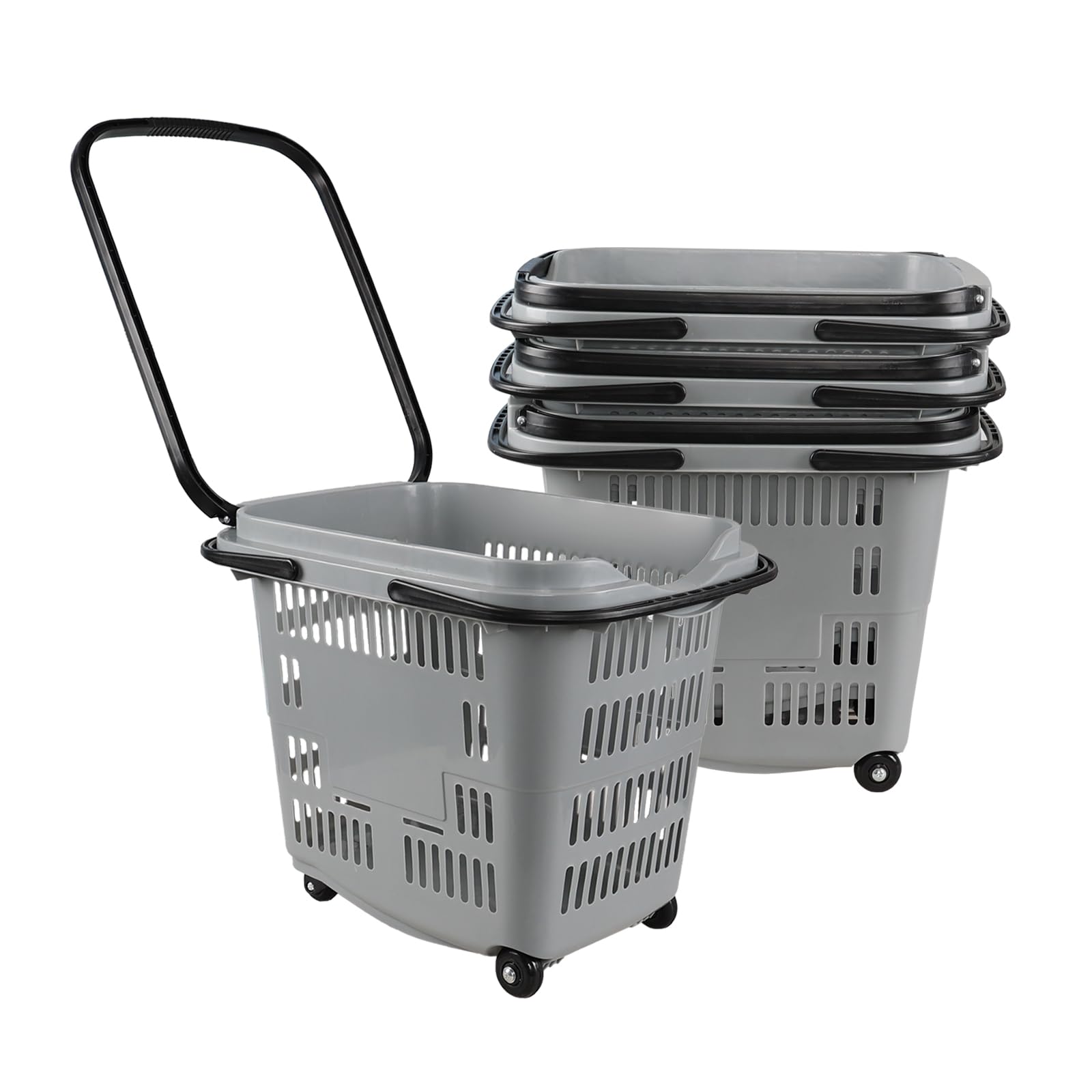 Quickquick 50 L Plastic Rolling Shopping Basket with Long Handle, Large Portable Retail Baskets Set for Groceries, 4 Packs