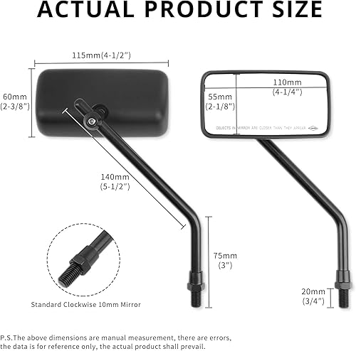 Miniatura 9 de JMTBNO Espejos retrovisores rectangulares cromados de 0.394 pulgadas para motocicleta, compatibles con Honda Shadow Yamaha Vstar Street Bike Chopper