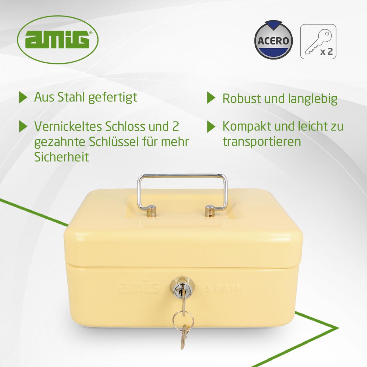 Amig - Sicher | Geldkassette | Safe für Geld, Scheine und Münzen | Mit Münzfach und 2 Schlüsseln | Stahl | Farbe: Elfenbein| 200 x 160 x 90 mm