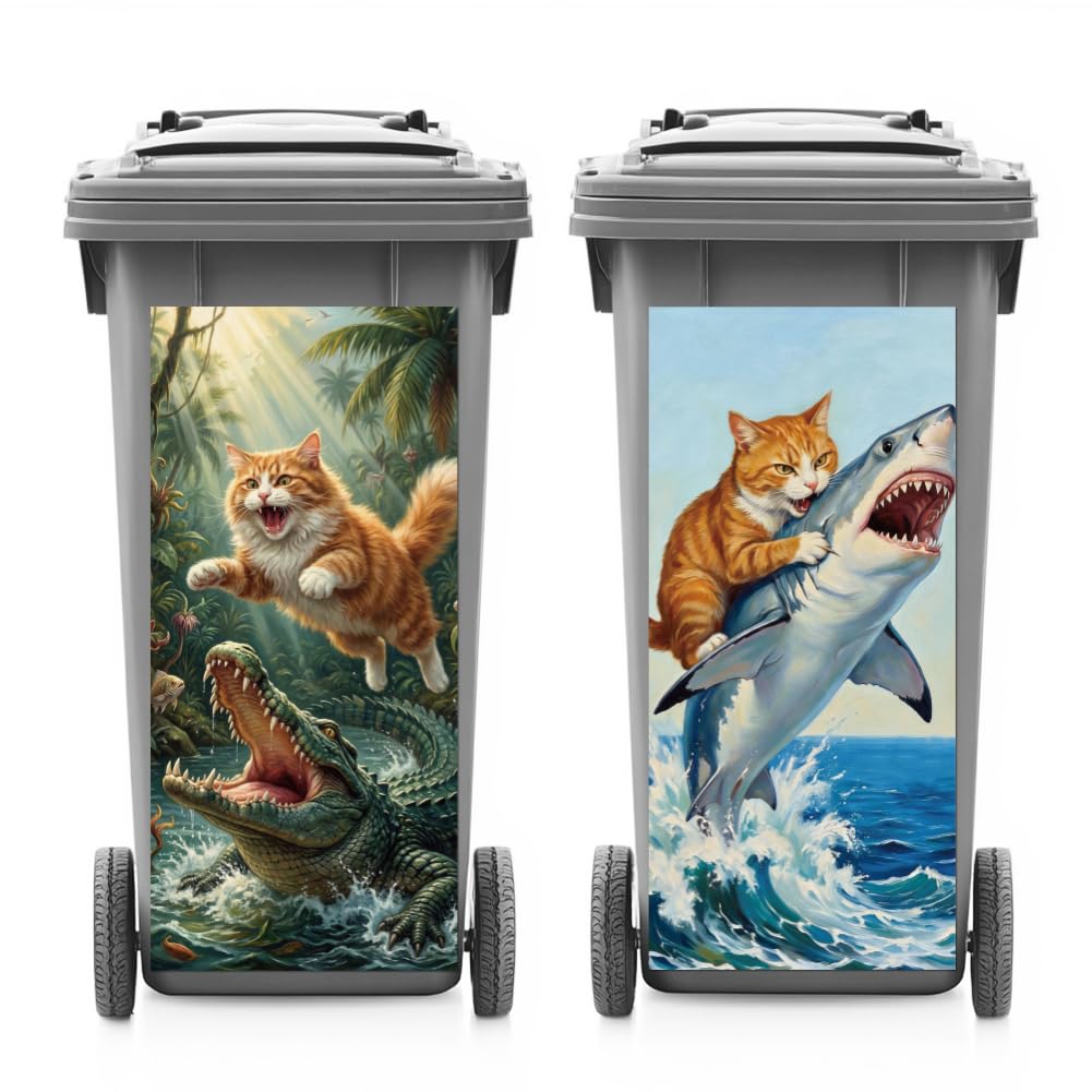 ANATTASOUL 2 Sheets Spring Wheelie Bin Stickers Funny Quirky Cat Waterproof Dustbin Covers Decor, 14.9"x 32.2" Adhesive Large Decal for Bins, Fridge, Wall Outdoor, Indoor Decoration
