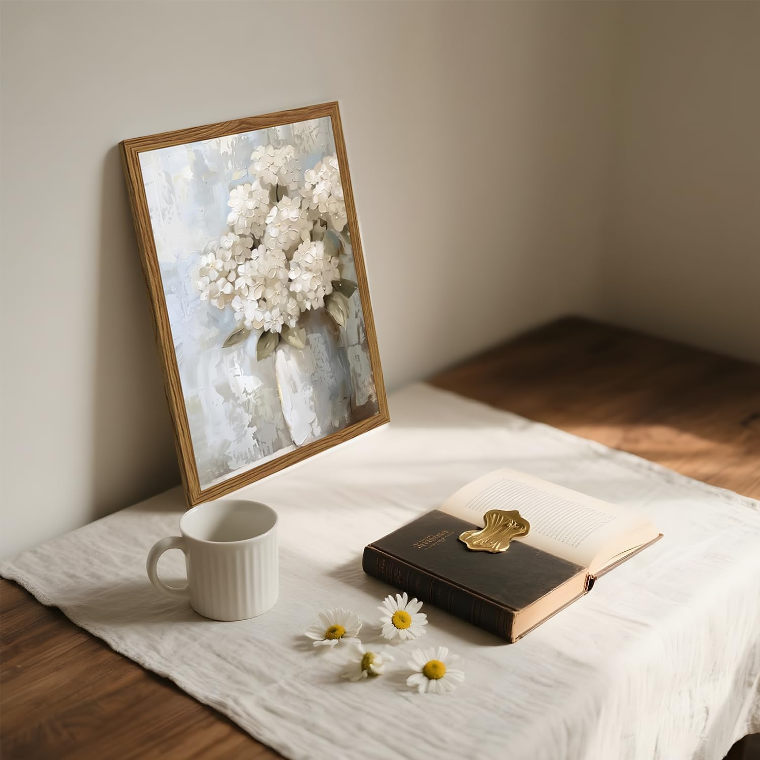 Framed Vintage Canvas Wall Art, White Hydrangea Floral Wall Decor Paintings, Flower Pictures Prints Aesthetic Home Decor for Living Room Bedroom Bathroom Office 16x24 inch