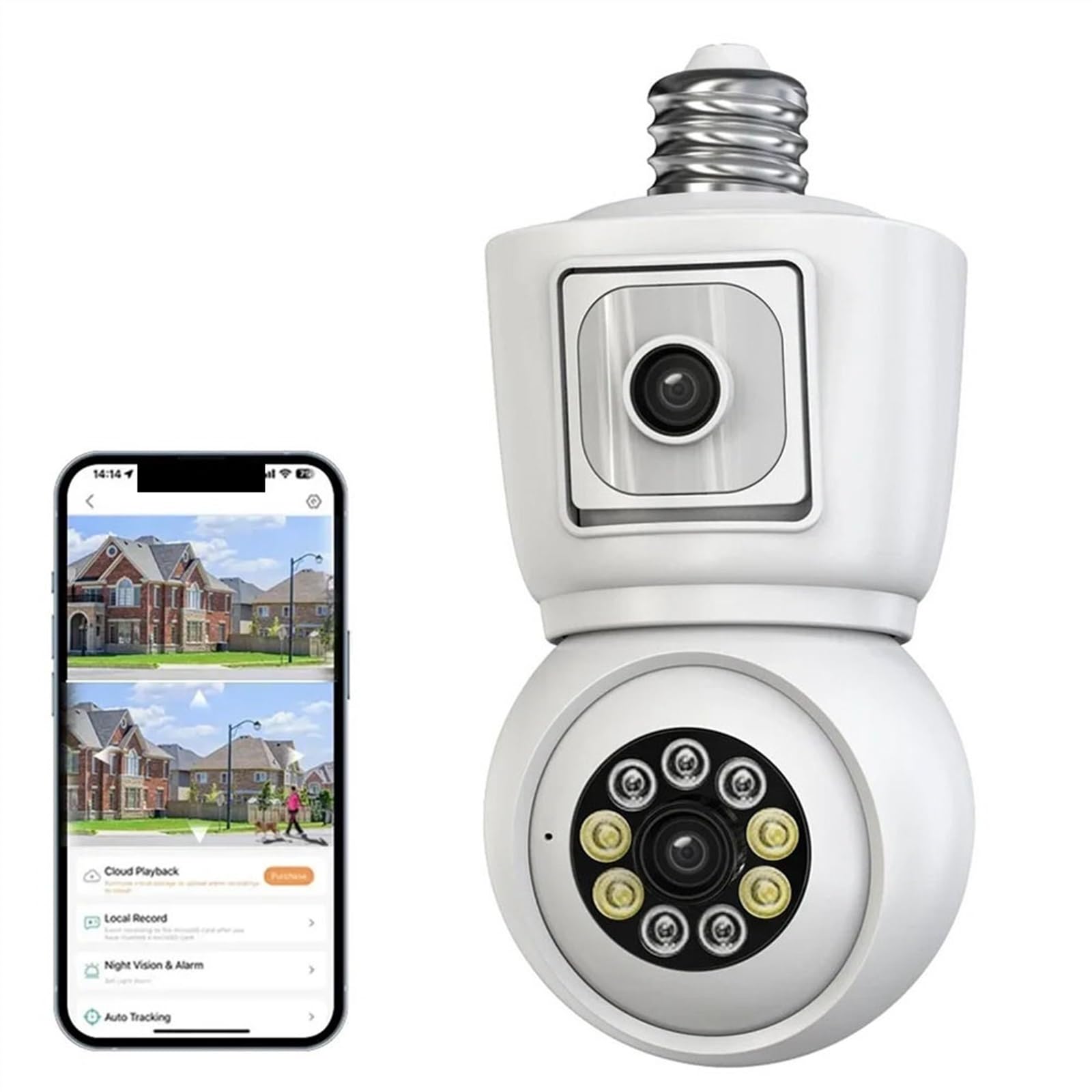 Telecamera di sicurezza esterna, Telecamera 4K 6MP E27 Lampadina Doppia lente Doppio schermo Monitoraggio automatico Audio bidirezionale Visione notturna a colori Telecamera di sorveglianza esterna Te