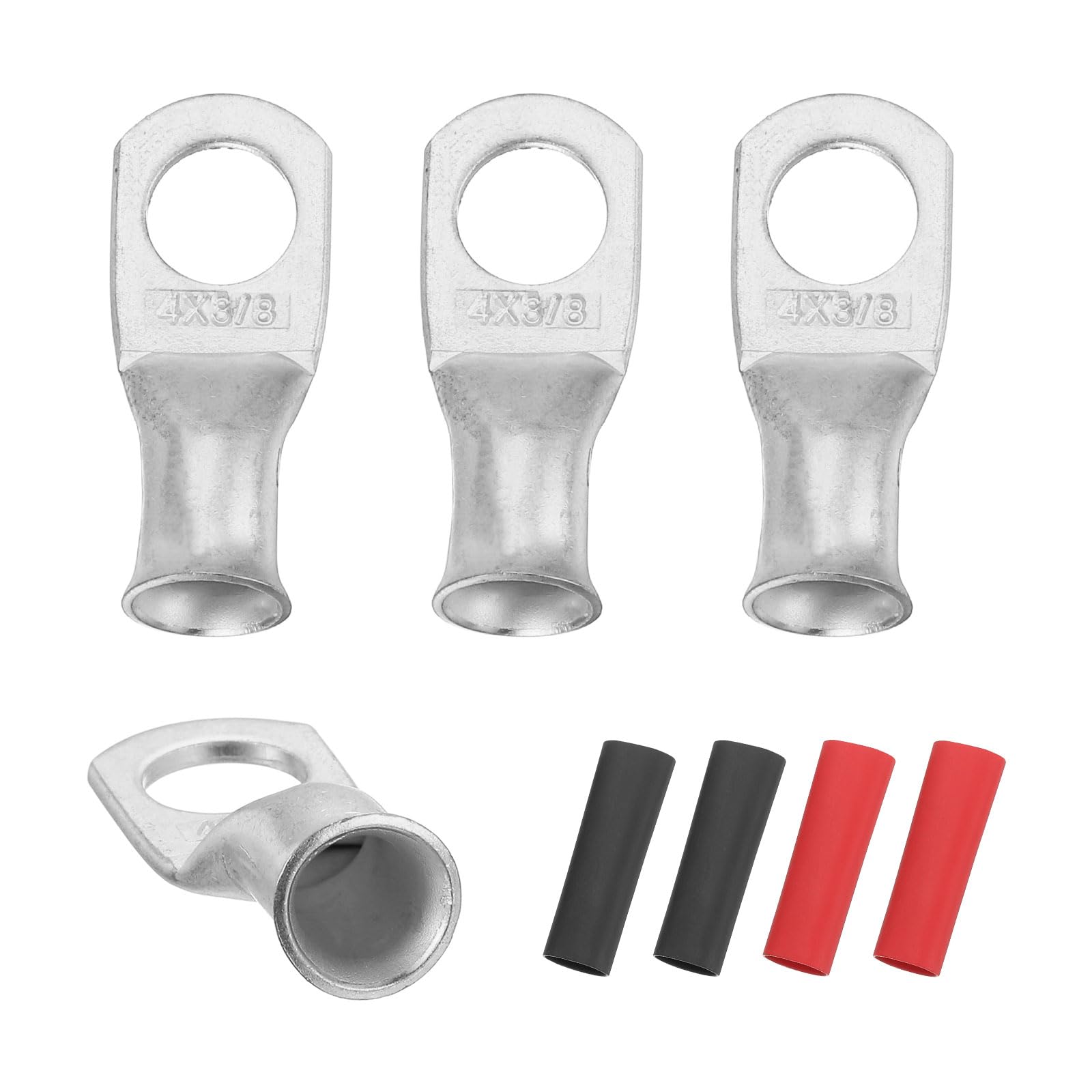sourcing map 4pcs 4 AWG M10 Battery Lugs Ring Terminals, 3/8" 10mm Stud Crimp Wire Terminal Connector End Copper, 3:1 Heat Shrink Tubing, Silver
