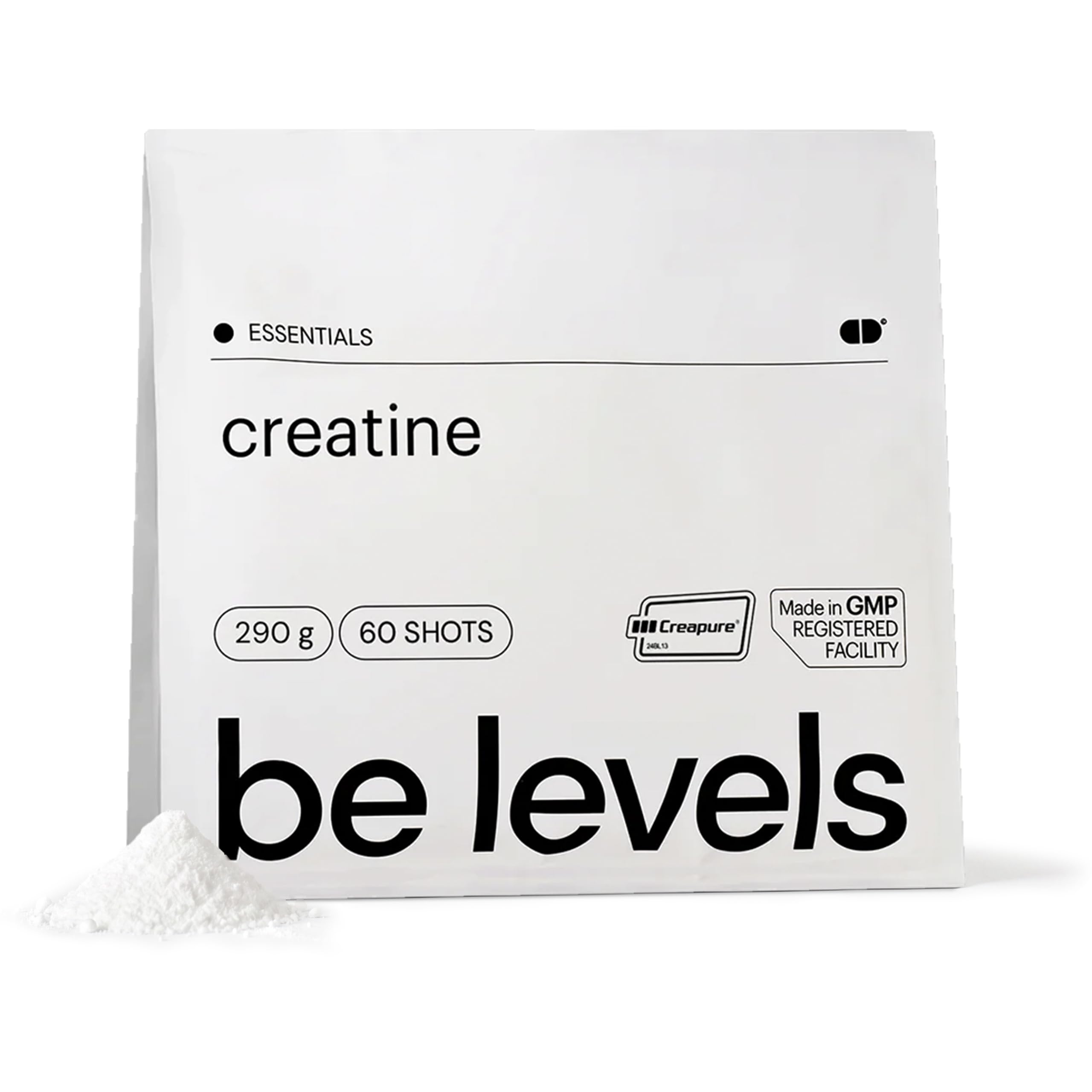 Creatina Monoidrata Creapure 290 g Creatina in Polvere be levels | Con magnesio, potassio, sodio e DigeZyme®. Formula vegana. Senza glutine. 60 dosi.