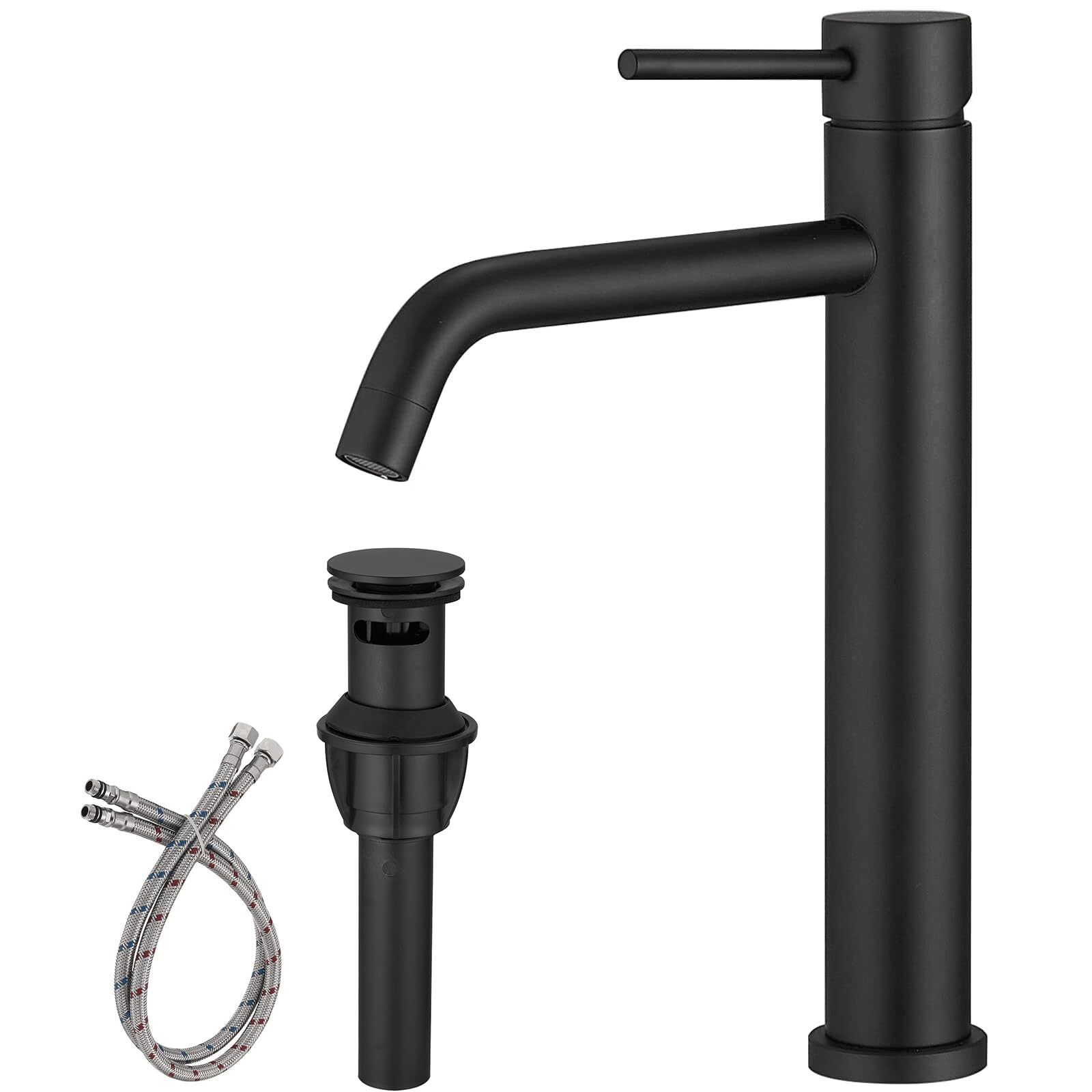 BWE Matte Black Vessel Sink Faucet Single Handle with Pop Up Drain Assembly and Supply Lines Stainless Steel Single Hole Bathroom Sink Faucet Commercial Basin Lavatory Vanity Sink Faucet Mixer Tap