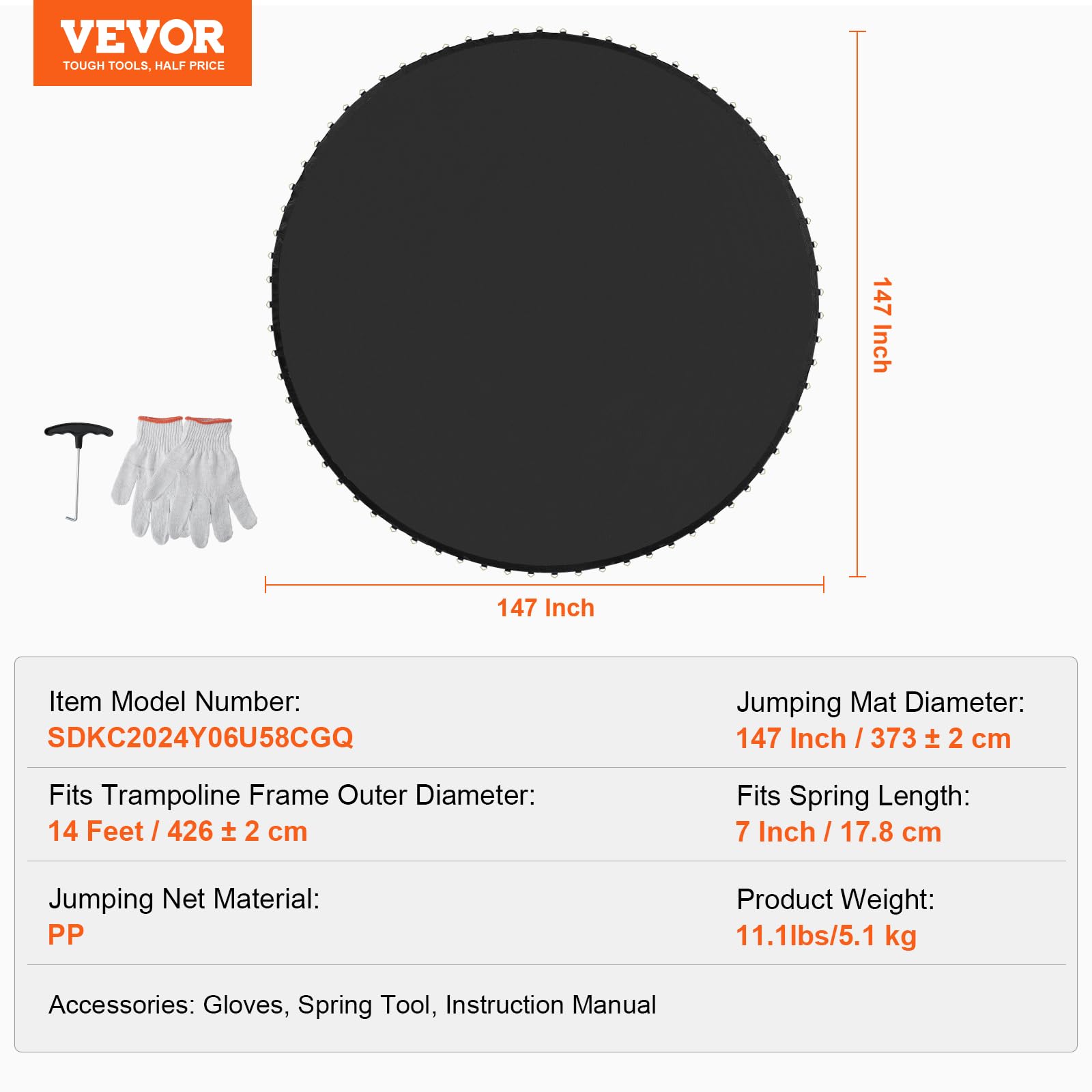 VEVOR Tappetino di Ricambio per Trampolino, Tappetino da Salto Universale Trampolino Rotondo 426 cm, Rinforza Tappetino Resistente ai Raggi UV, con Strumento Molla Anelli V, Molle 17,8 cm Lunghezza