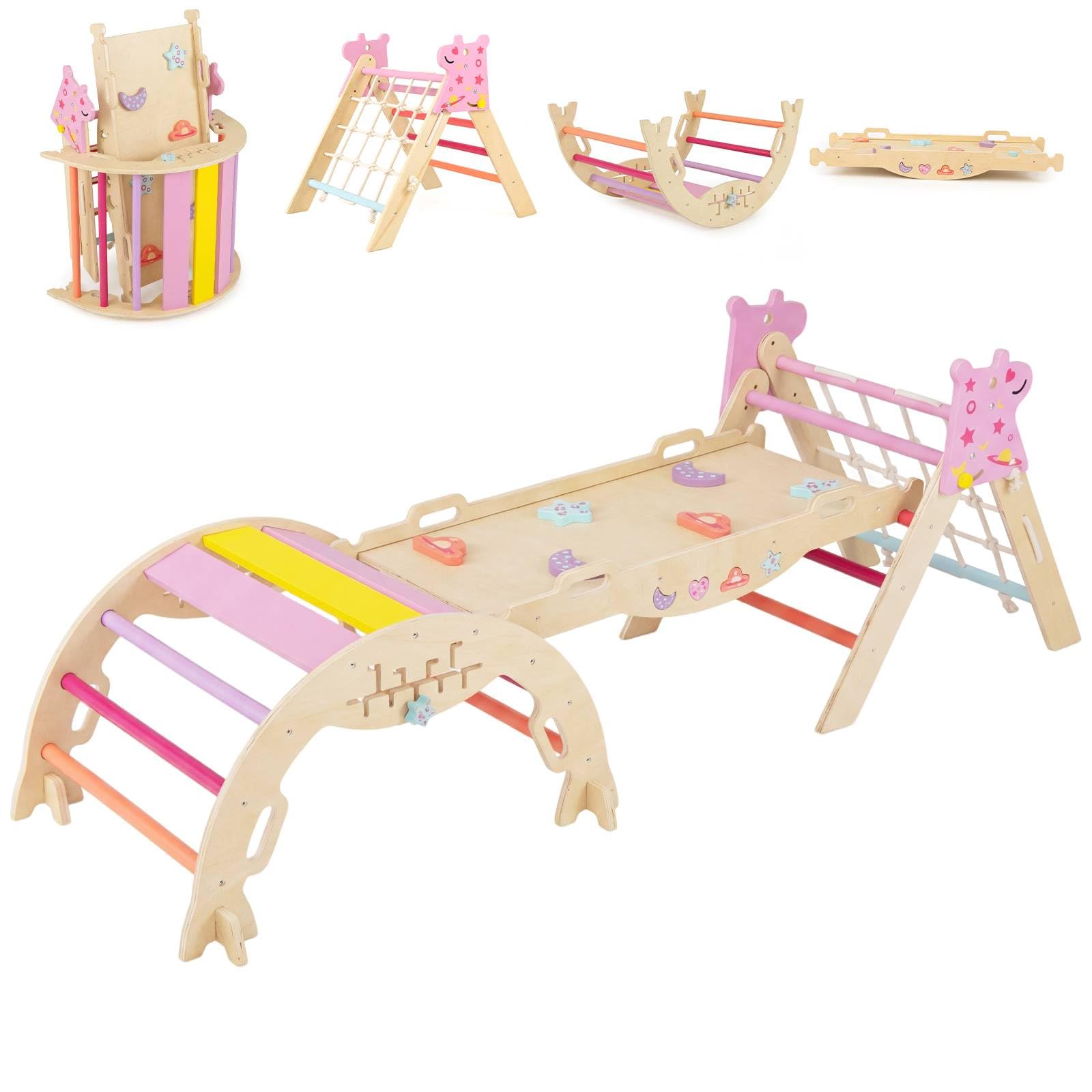 GYMAX Kids Climbing Set, Wooden Toddler Climber with Arch and Reversible Ramp, Indoor Climbing Frame for Boys Girls(Colorful,8 in 1 Unicorn-Themed:203 x 53 x 58 cm)