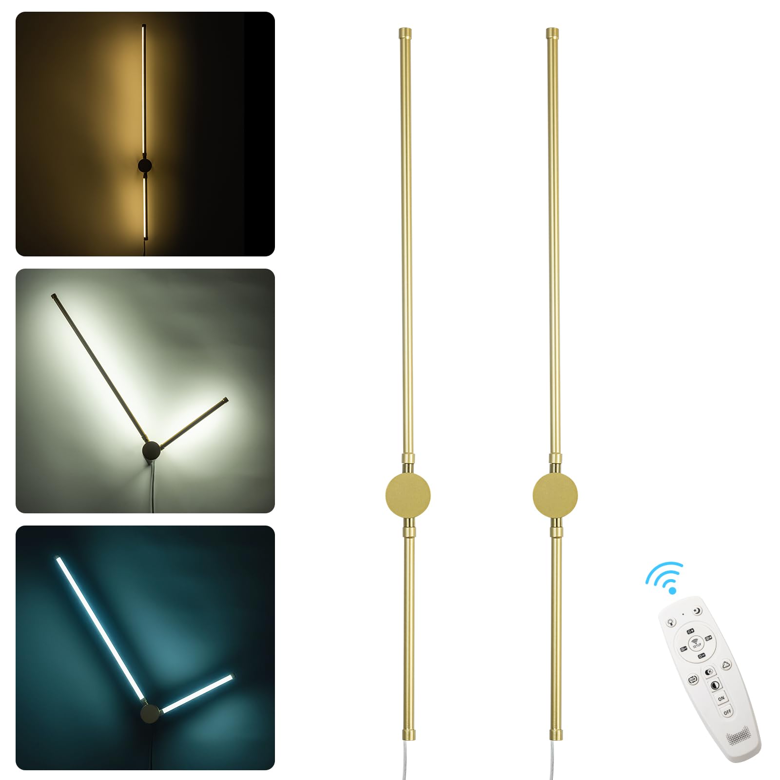 Gold Plug in Wall Sconces Set of 2, Modern 37.8” Remote Control LED Wall Sconces 360° Rotate Wall Lighting Fixture for Bedroom Living Room Wall Background Decorative Lighting