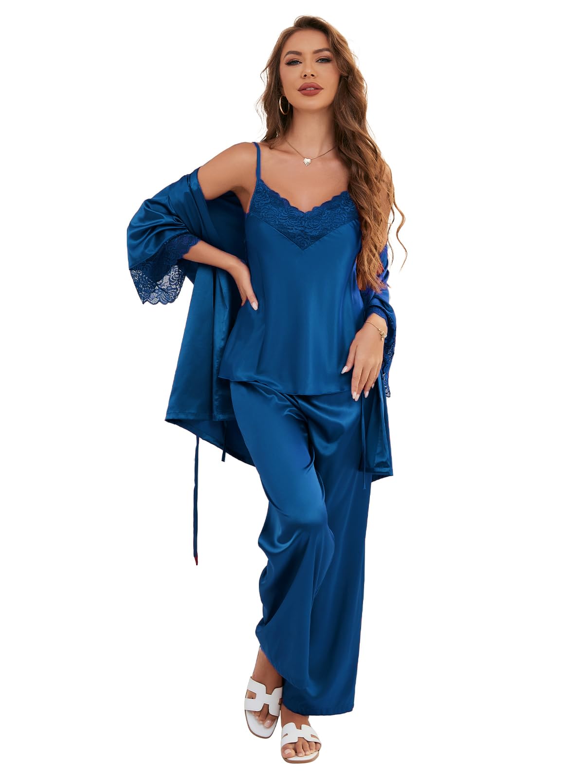 Women's Silk Pajama Set 3 Piece with Satin Robe , Cami Top and Long Pants