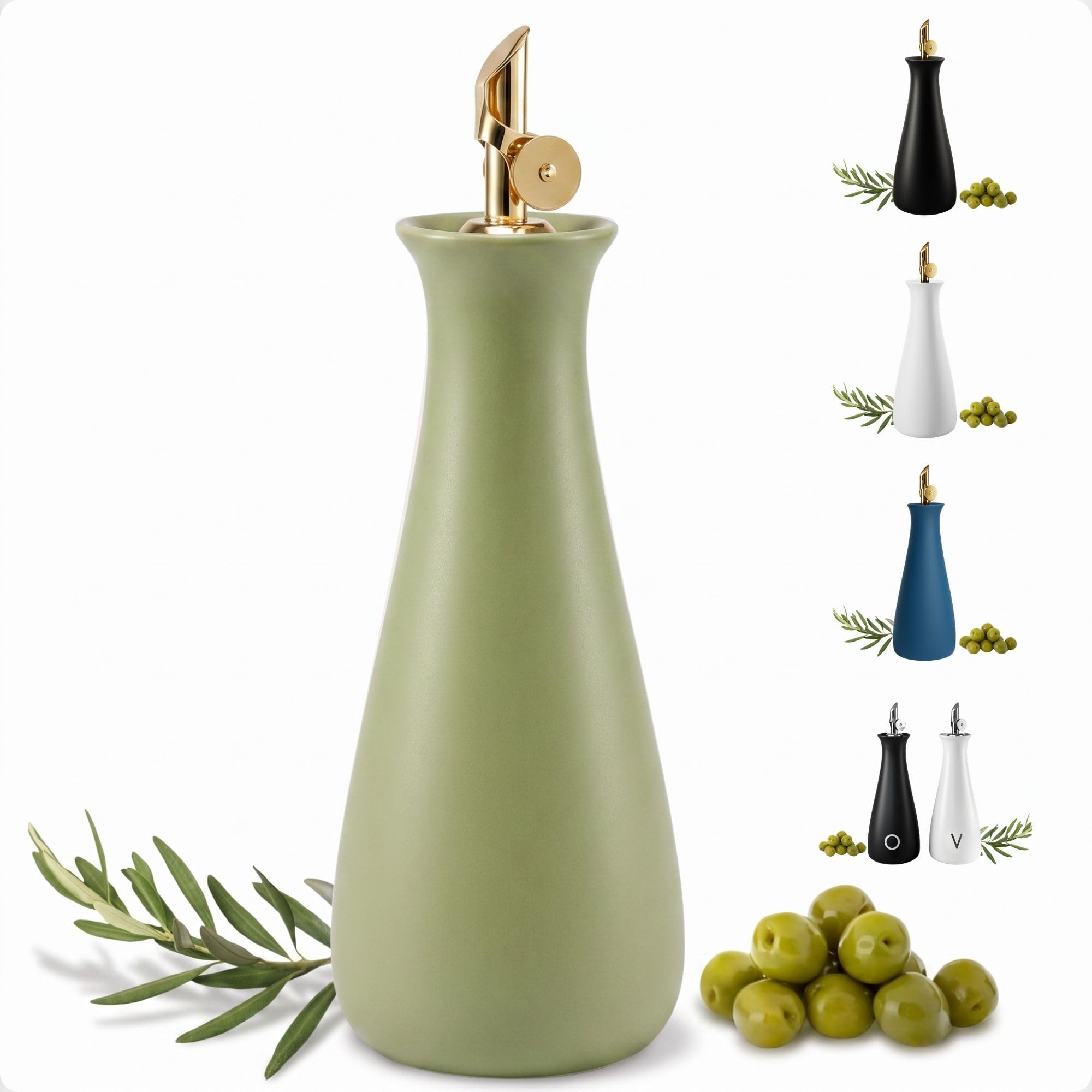 Ceramic Olive Oil Dispenser with Self-Closing Gold Spout, 530mL, Leakproof