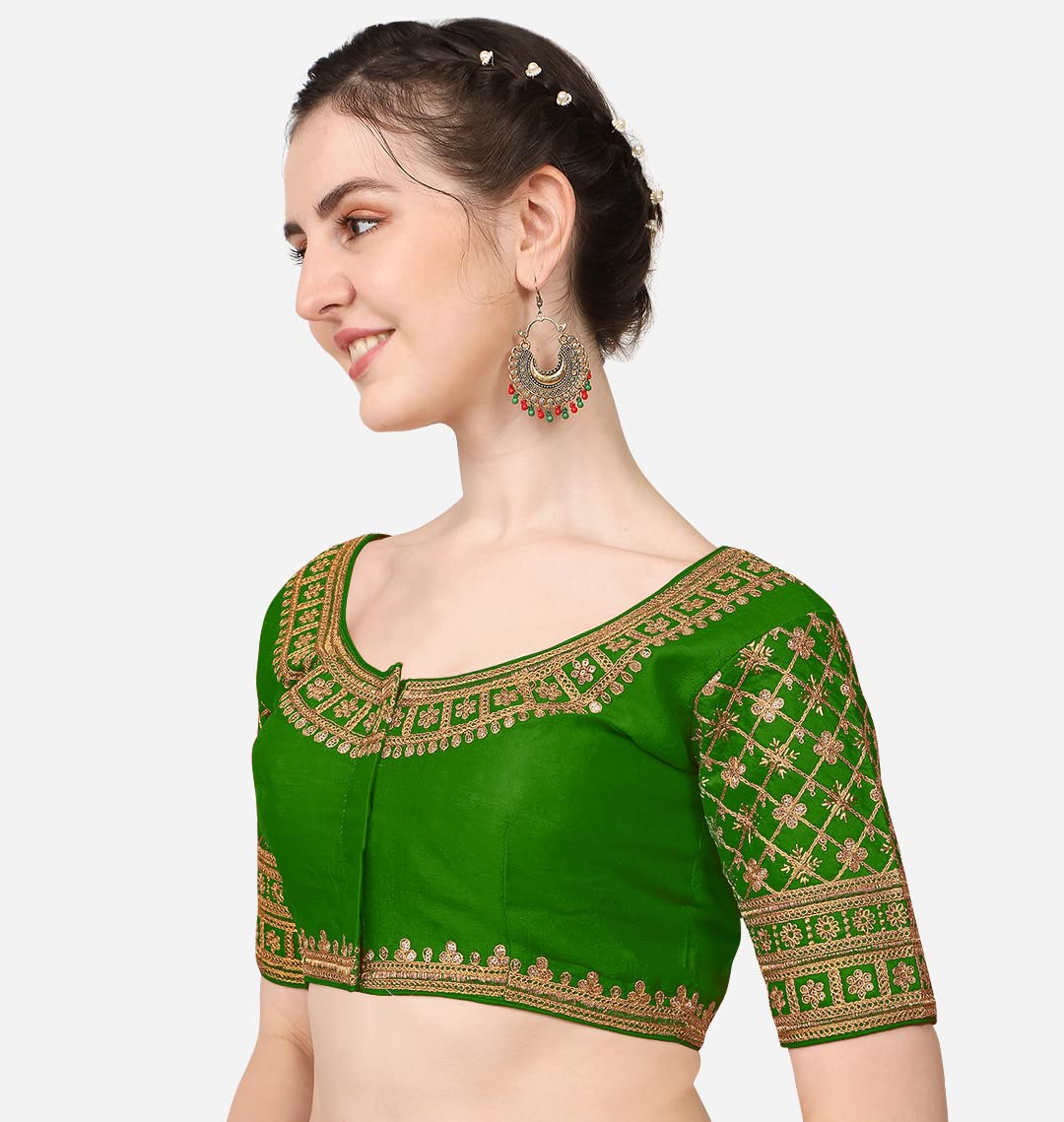 Pujia Mills Women's Silk Floral Half Sleeve Regular Blouse (Rasiya Green 38)