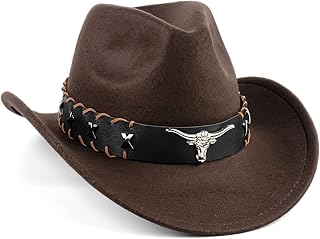 Western Cowboy Hat for Men and Women Wide Brim with Metal Bull Head Stylish Brown