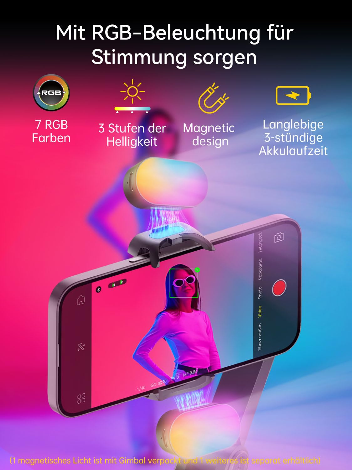 AOCHUAN Gimbal-Stabilisator für iPhone, Telefon-Gimbal mit magnetischem RGB-Fülllicht, faltbares Stabilisator mit integrierter 7,8-Zoll-Verlängerungsstange für iPhone/Android Smart X2 Kit Schwarz