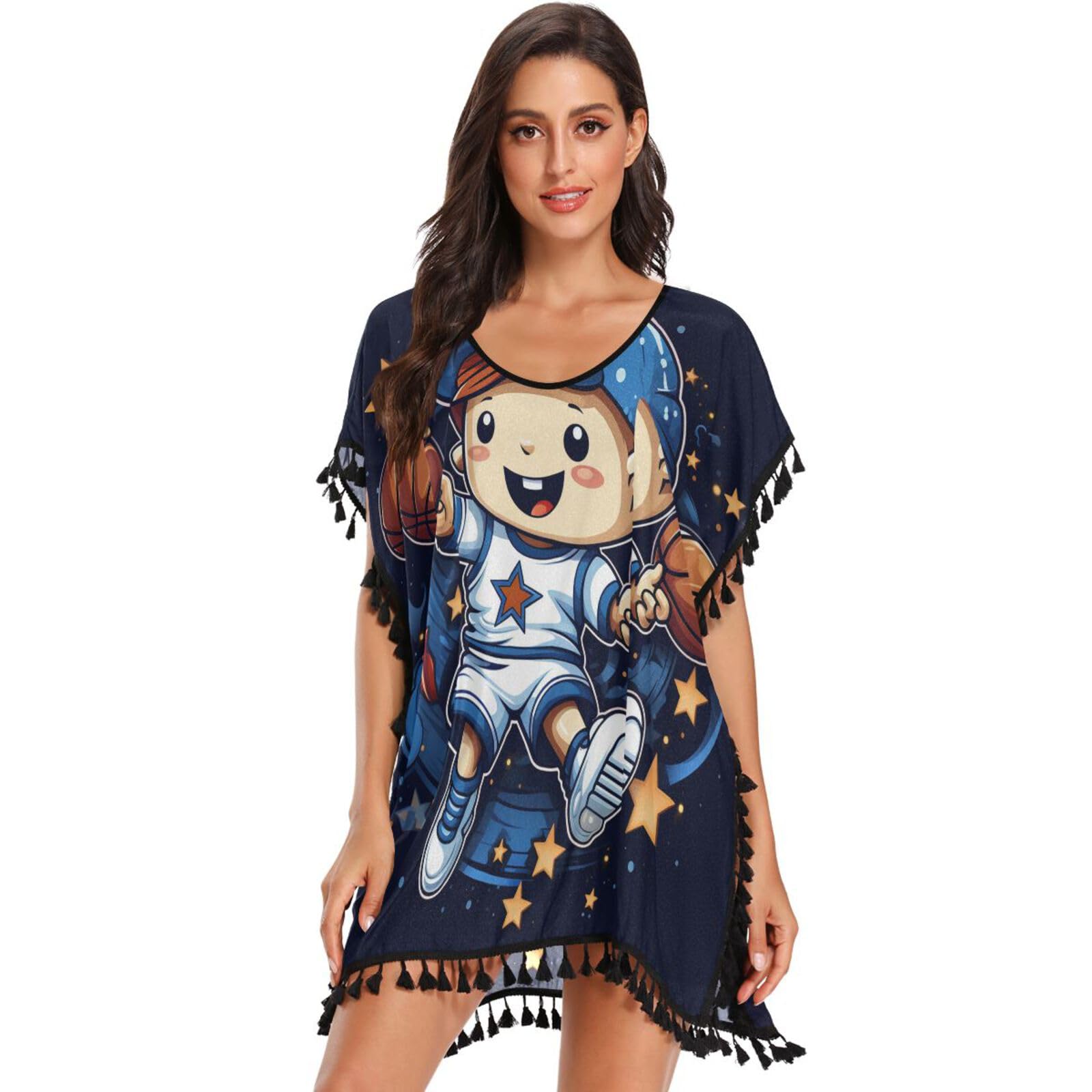 Cartoon Star Unicorn Basketball Women's Beach Cover Up Chiffon Tassel Swimwear Swimsuit Coverups for Girl