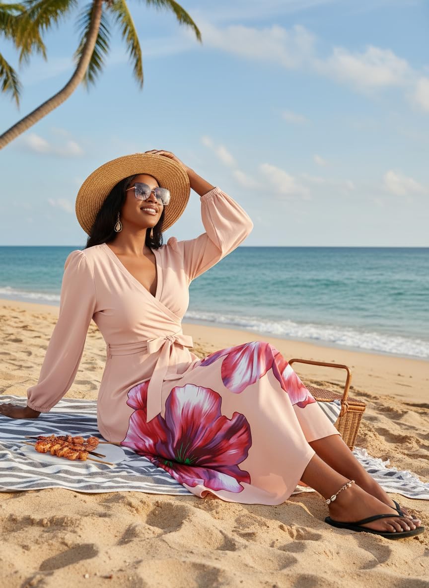 FANDEE Maxi Dress for Women Long Sleeve V Neck Pocket Dress image 2