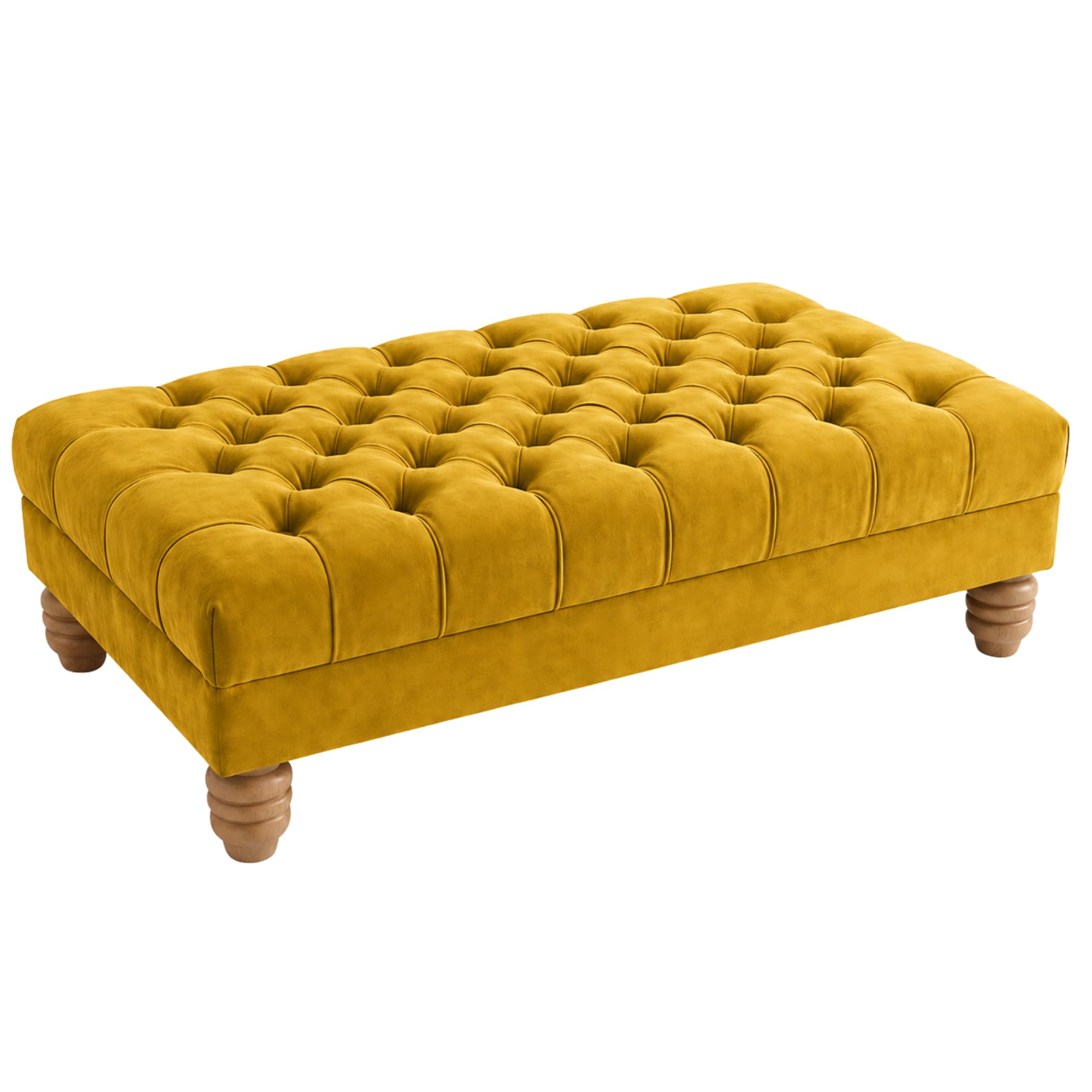 Chesterfield Footstool Coffee Table Large – Deep Button Tufted Plush Fabric Ottoman Bench, Thick Cushioned Living Room Foot Stool with Wooden Frame & 6 Inch Light Oak Feet (Gold)