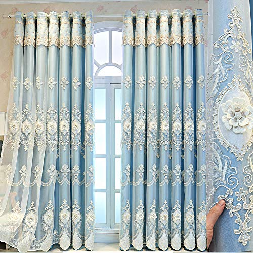 Cortina opaca de doble capa con bonito bordado de encaje para oscurecer la sala de estar, cenefa con ojales sólidos aislados térmicamente para dormitorio de niña