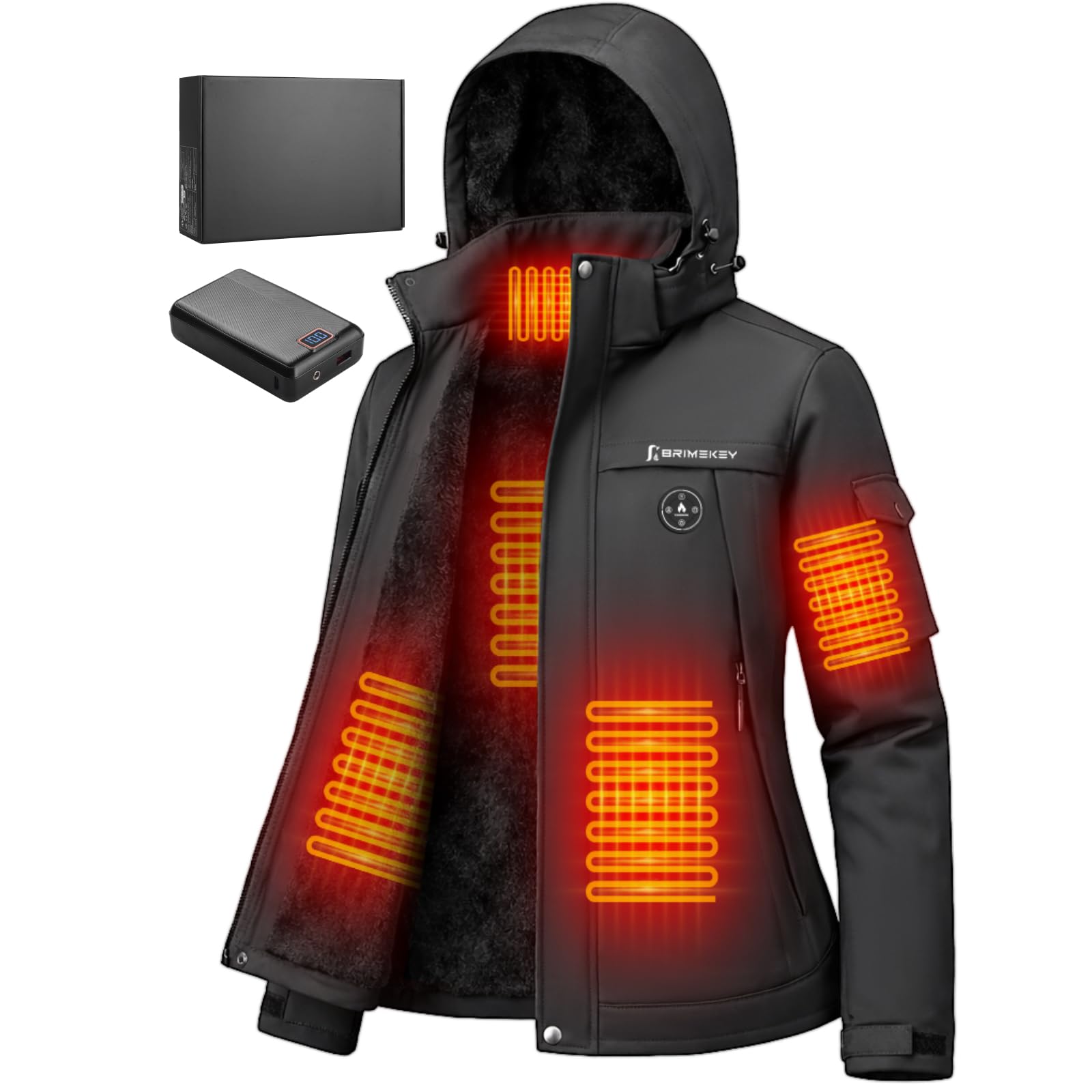 Brimekey Women's Heated Fleece Jacket with 20000 mAh Battery, Waterproof & Windproof Heated Ski Jacket Hood with 6 Heating Zones & 3 Levels, Heating Jacket for Skiing, Snowboarding, Hiking, Winter