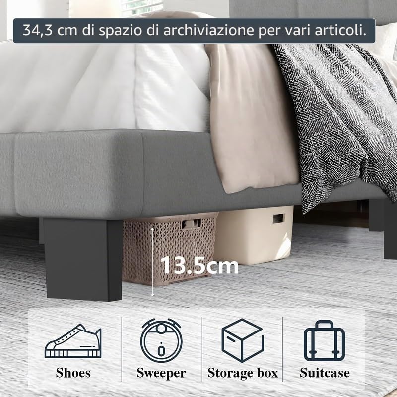 YIDATONG Letto Imbottito 90x200 cm, Rete letto a Doghe in Metallo e Contenitore Spazio, Letto per Singolo con Testiera Regolabile, Struttura Letto in Legno Solida, Facile da Montare