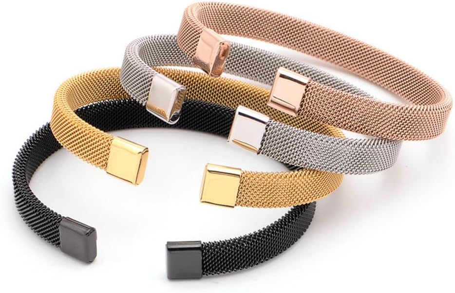PAURO Unisex Stainless Steel Plait Weave Braid Bracelet Open Wide Link Chain Wristband Stretch Flexible Cuff Bangle