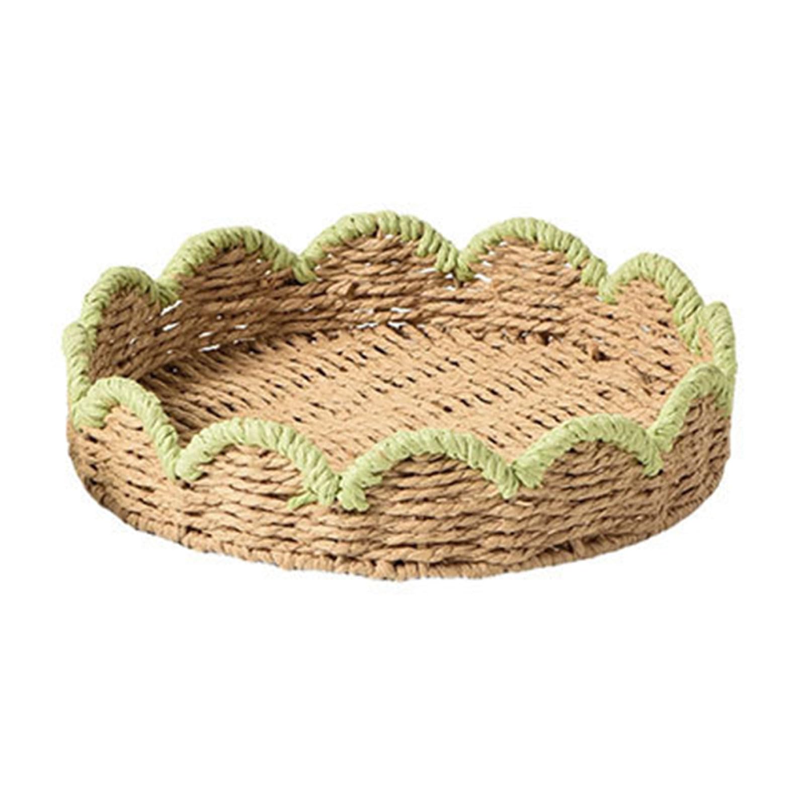 Natural Handwoven Paper Cord Organiser Basket Scalloped Serving Tray for Desktop and Cabinet Storage Breathable Storage Planner