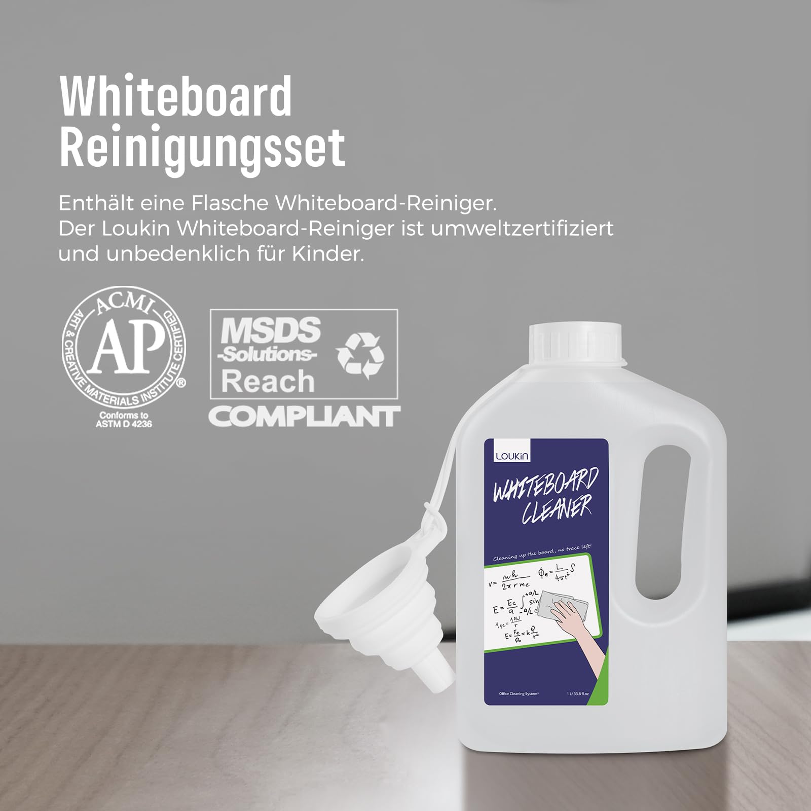 loukin Whiteboard-Reiniger 1 L Nachfüllflasche, mit faltbarem Silikontrichter, Trocken abwischbares Reinigungsspray, entfernt hartnäckige Flecken, ungiftig und geruchsarm
