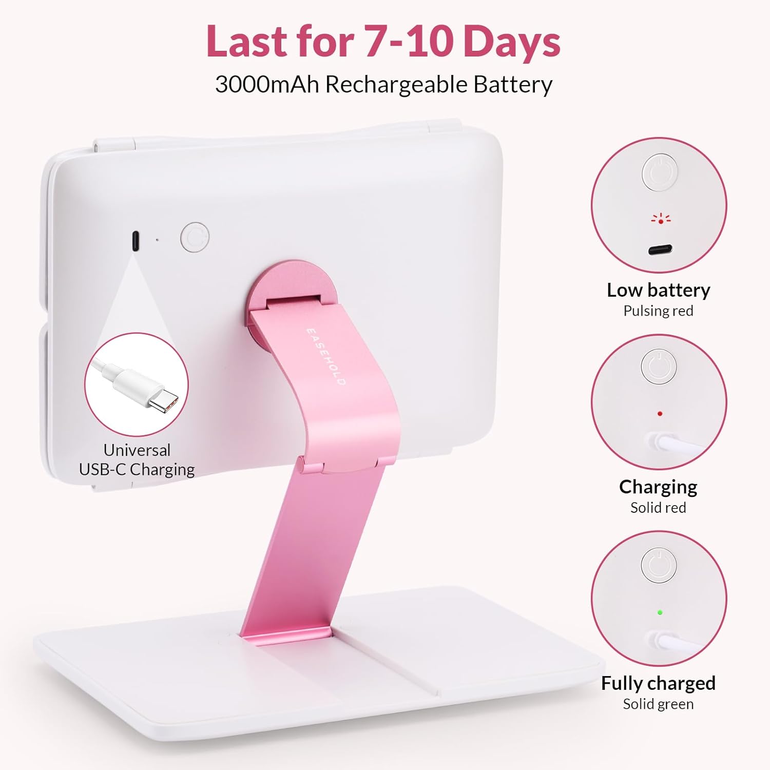 EASEHOLD Foldable Tri-Fold Lighted Makeup Vanity Mirror with 60 LED Lights, 1X/2X/3X Magnification, Touch Control Dimming, 3000mah Rechargeable, 360° Rotation, Portable Travel Folding Compact Mirror - Image 3