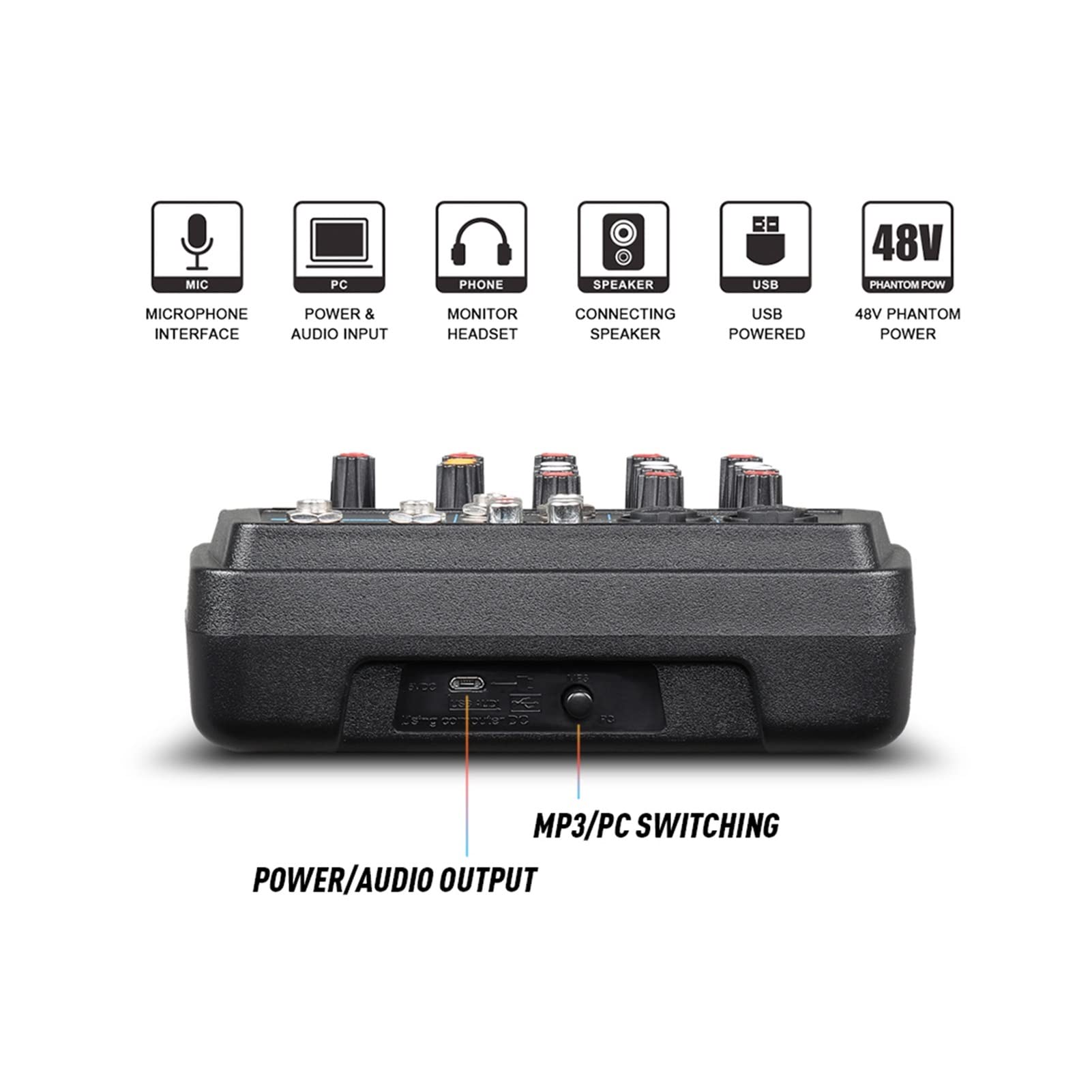 Kontroler miksera DJ M-4/6 Protable Mini Mixer Audio DJ Console with Sound Card, USB, 48V Phantom Power for PC Recording Singing Webcast Party do streamingu/podcastów/gier, telefonu, komputera(M4)