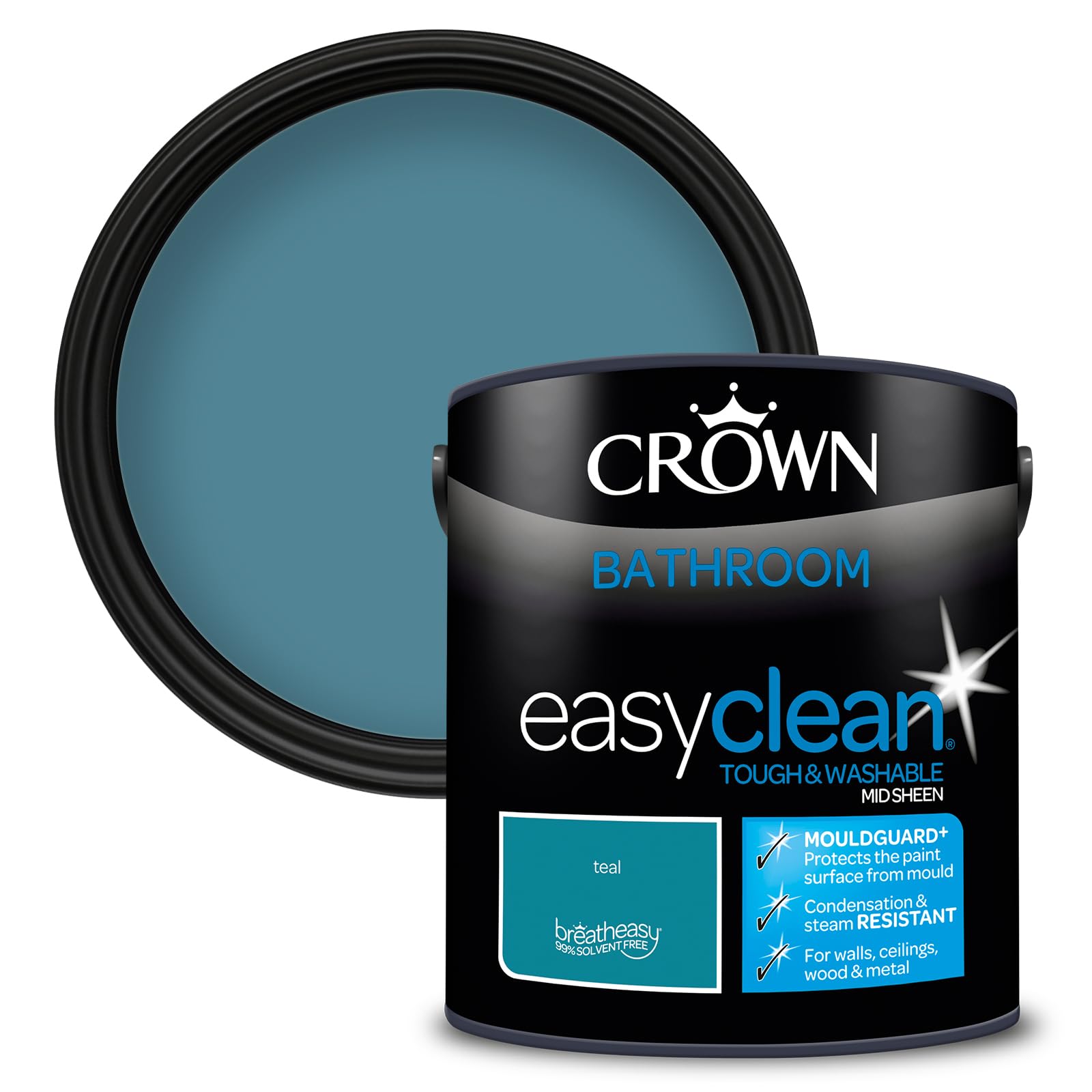 Crown Teal - Bathroom Paint, Mid Sheen Emulsion - Washable, Mould and Condensation Resistant - Rich Teal Paint - Bathroom and En Suite - Water Based, Low Odour Paint - 2.5L