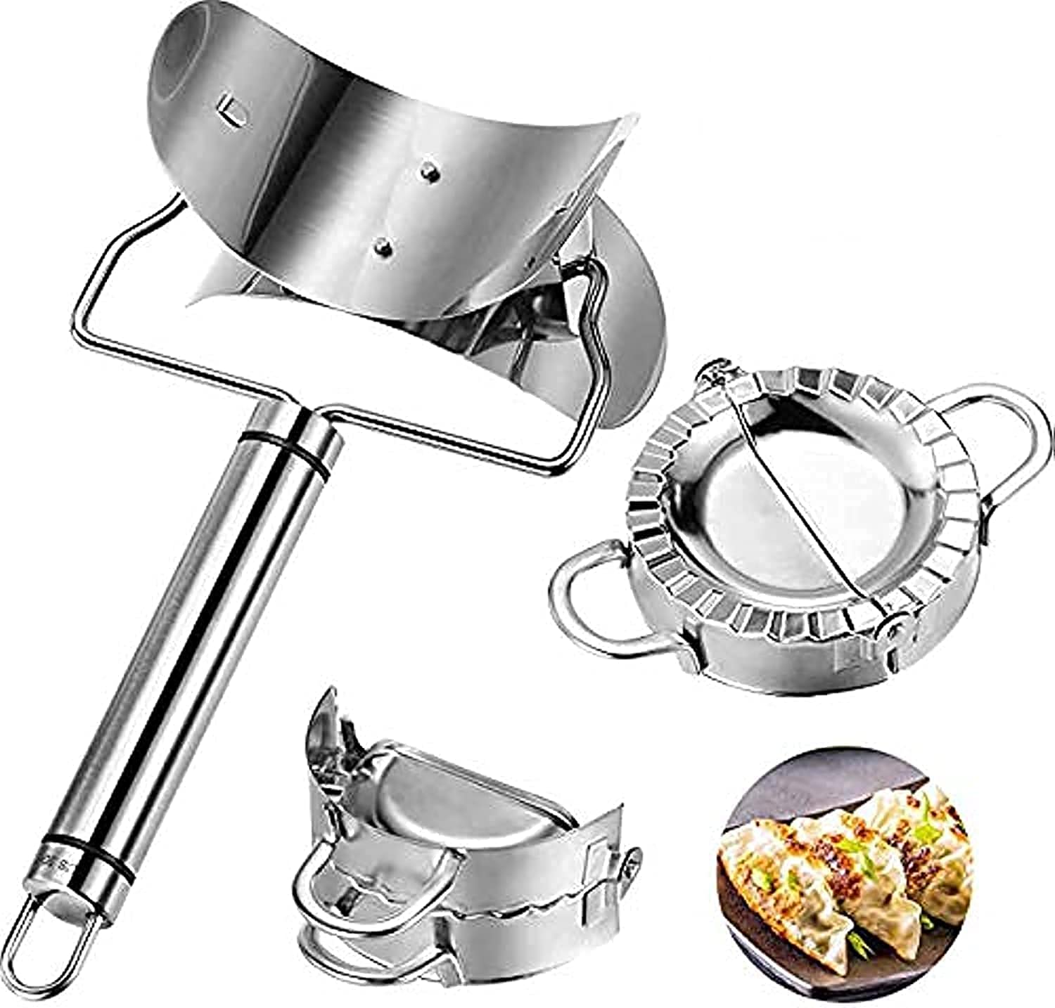 Dumpling maker 3 Pieces 9.5 cm Stainless Steel Dumplings Maker, 1 Dumpling Skin Maker 2 Dumpling molds Chinese Dumpling Cutter Pie Ravioli Empanadas Press Mold Kitchen Accessories dough cutter