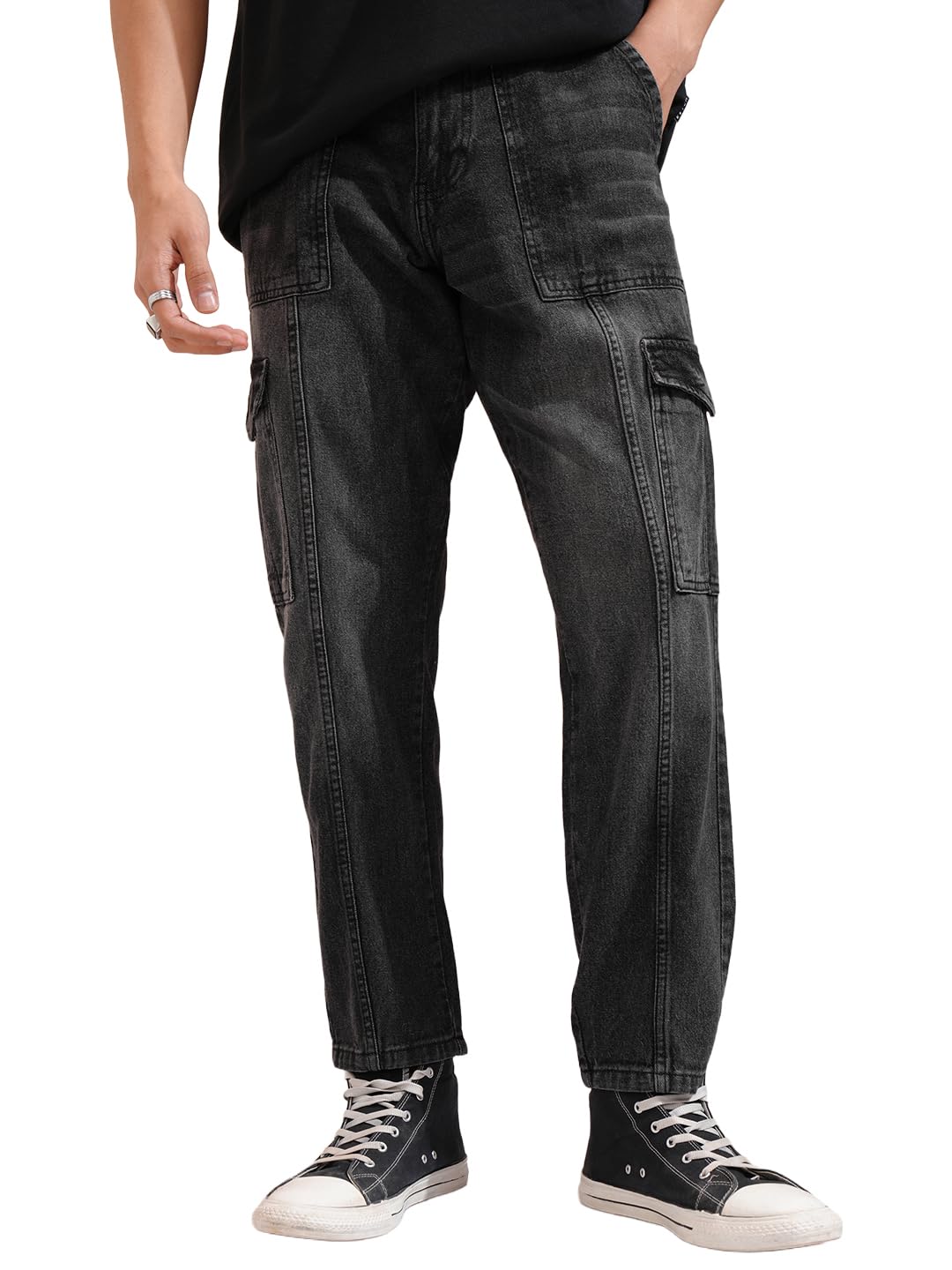 Highlander Menâ€™s Relaxed-Fit Cargo Pocket Jeans | Clean Look | Cotton Comfort | Utility Style| Cargo Jeans for Man in neutral