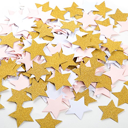Image of MOWO Gold, Pink and White Stars Confetti Table Decoration, 1.2'', 200pc | 200 Pieces, Wedding Party Decor, Table Decor