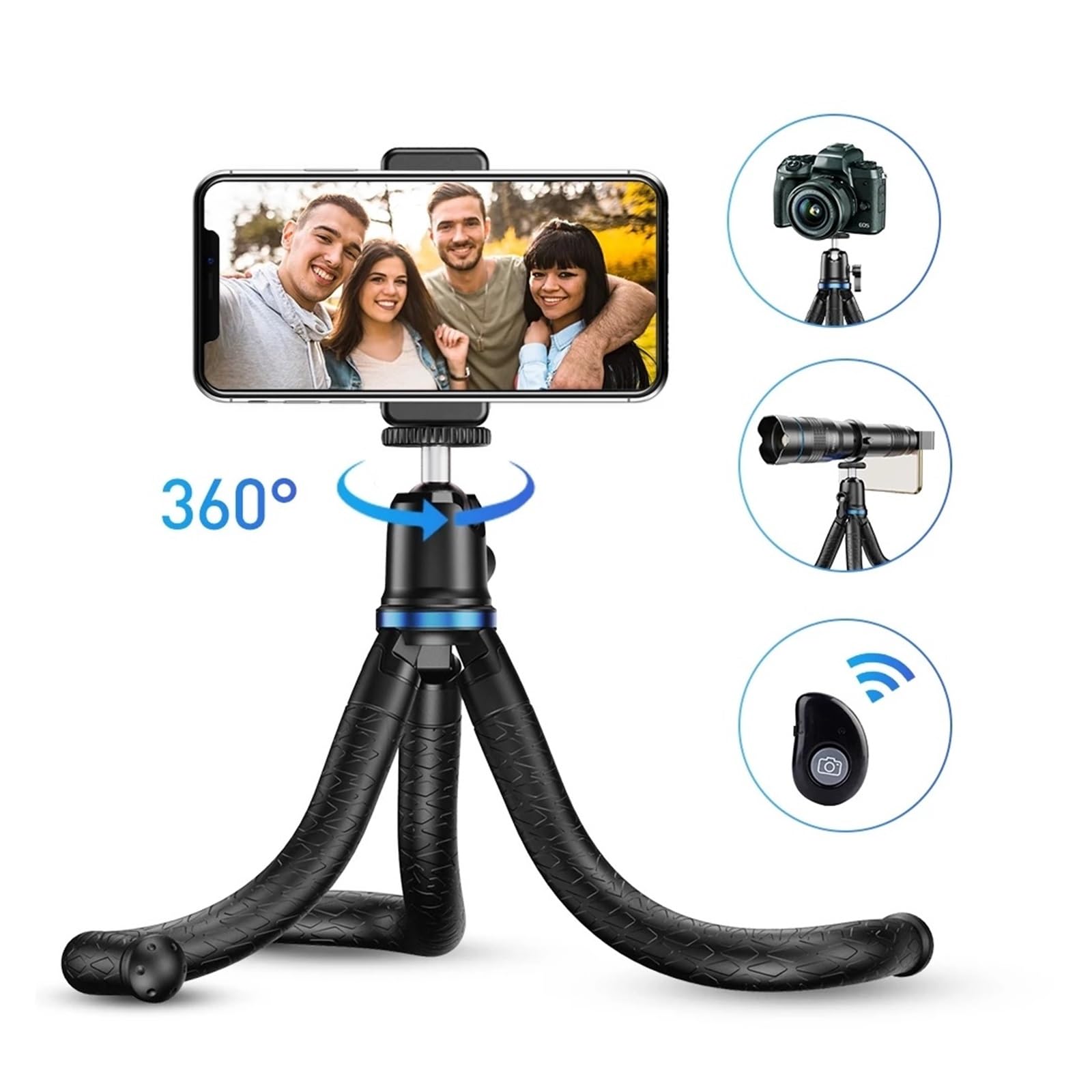 Clip porta telefono treppiede flessibile Octopus JJ10 | Girevole a 360 gradi, supporta smartphone, reflex, dispositivi con fotocamera DSLR(Tripod with remote)