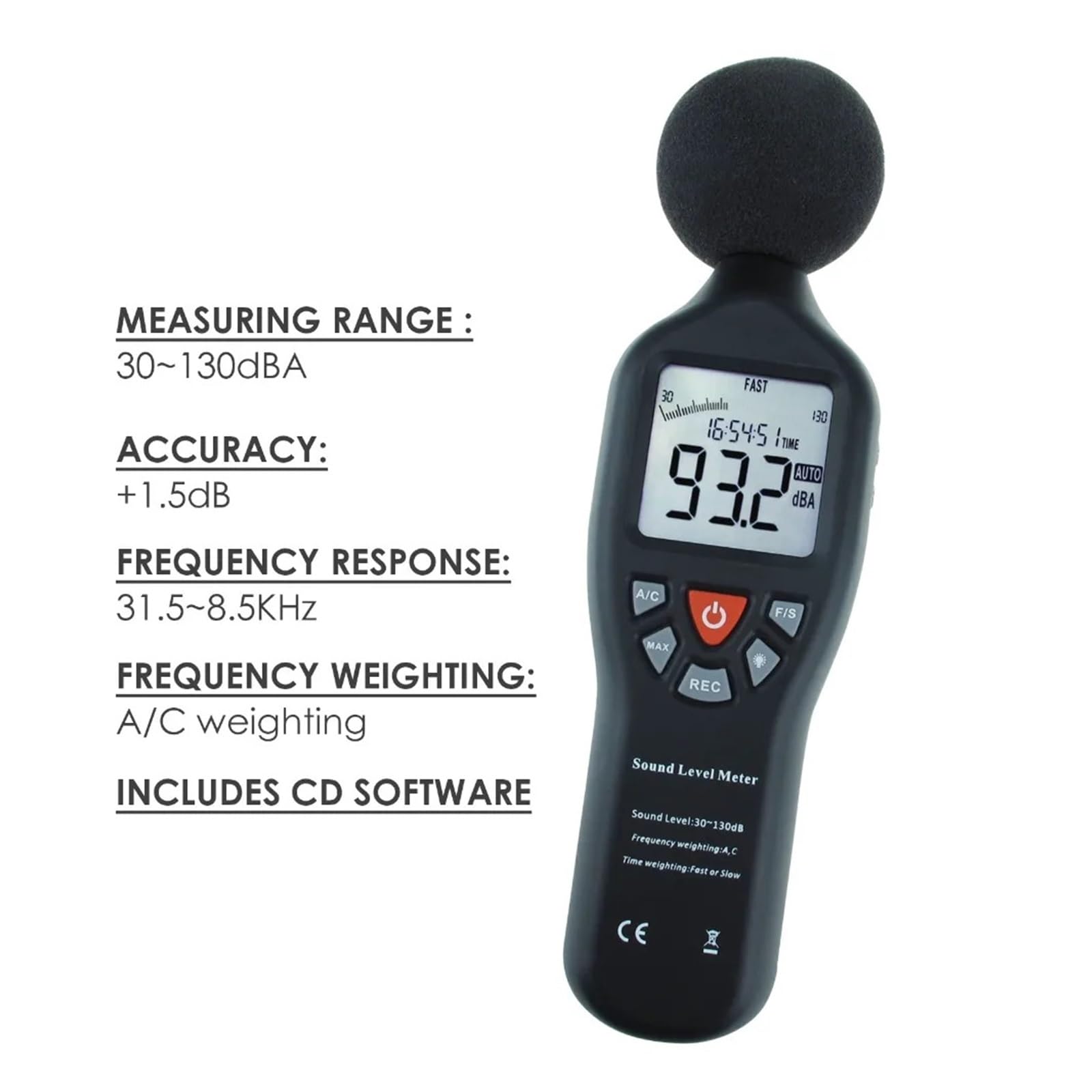Sonómetro Digital de decibelios 30dB-130dB con función de grabación de Datos, CD con Software y Grabador de Ruido.